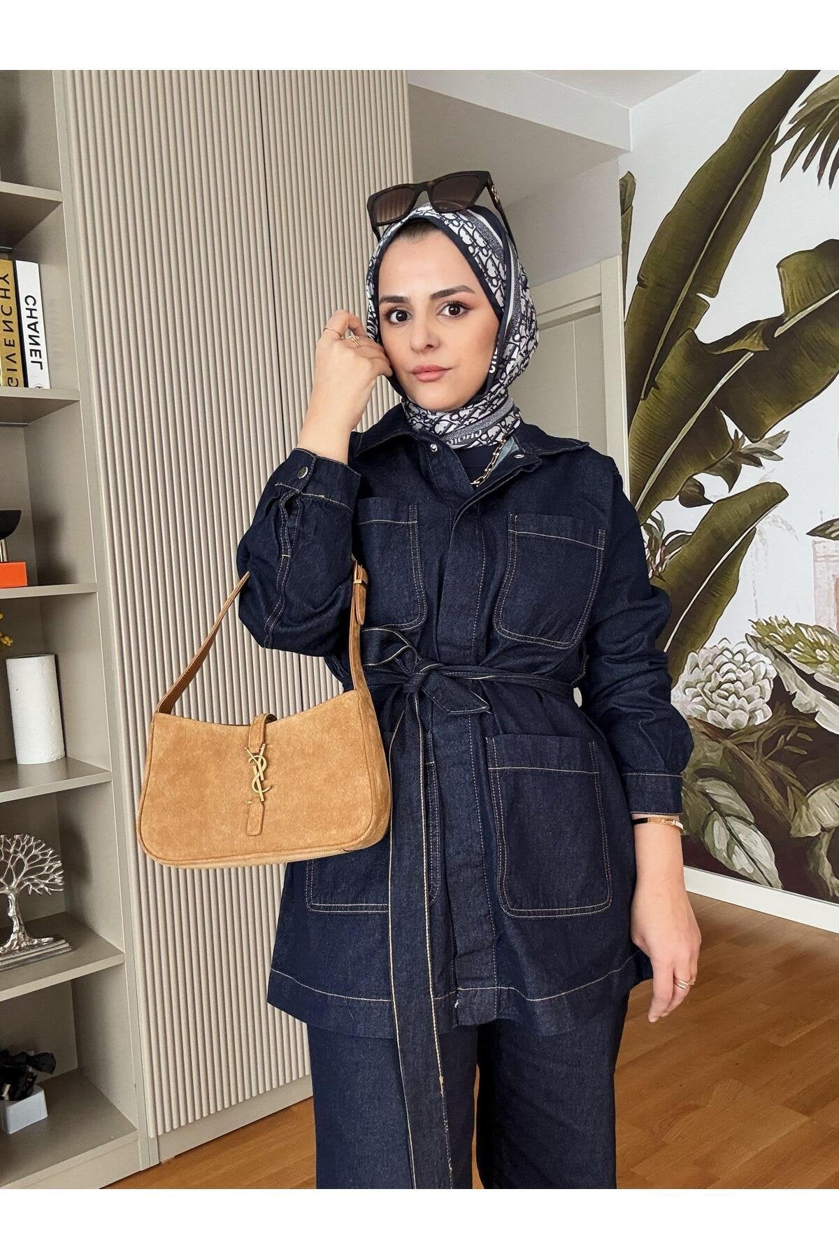 Cepli Denim Kuşaklı Ceket Takım Koyu Mavi