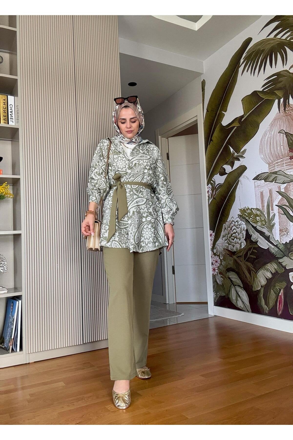Bahar Pamuklu Gömlek Desenli Krep Pantolon Takım Vizon