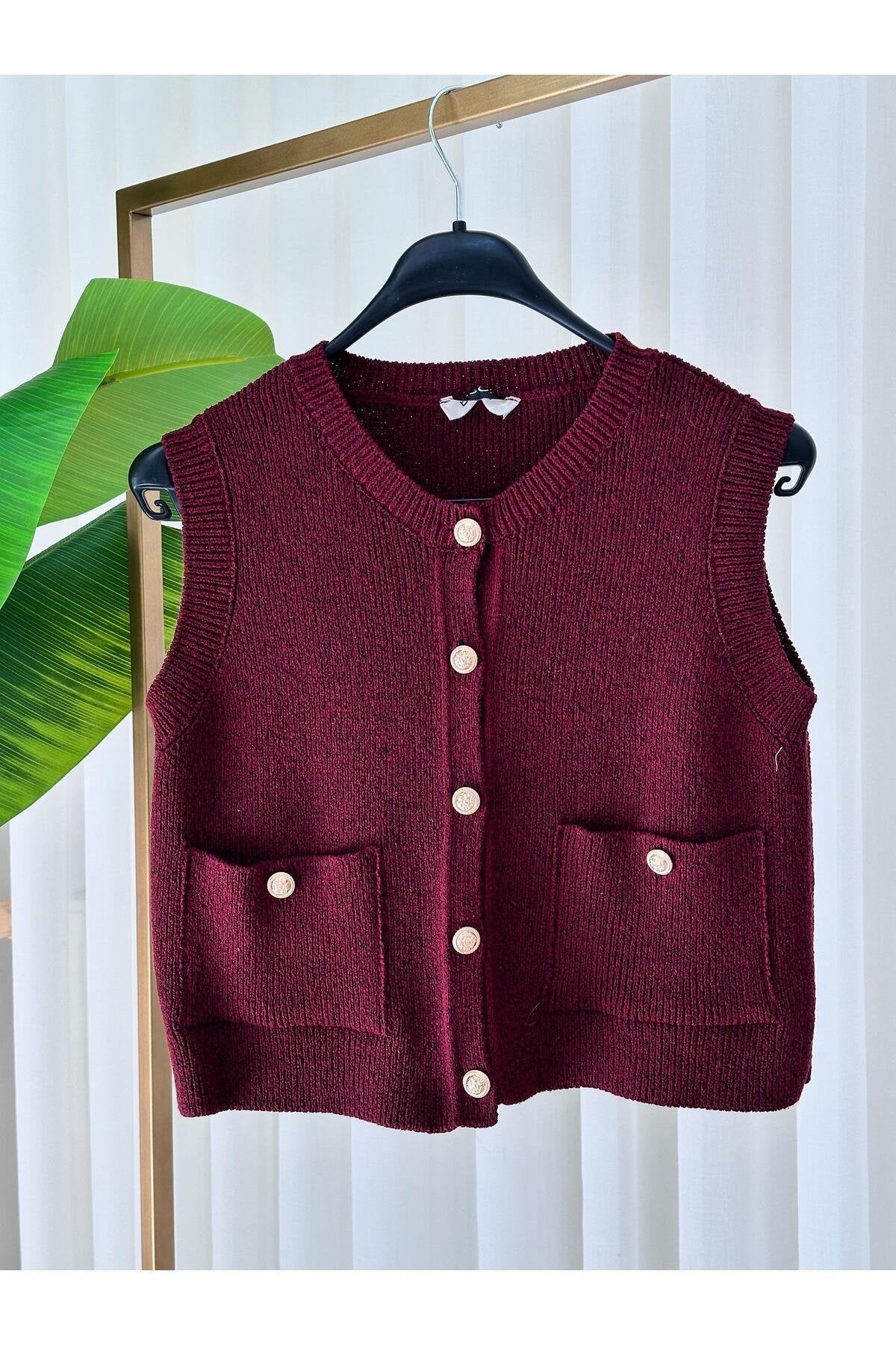 Premium Muadil Bordo Triko Yelek Ekru