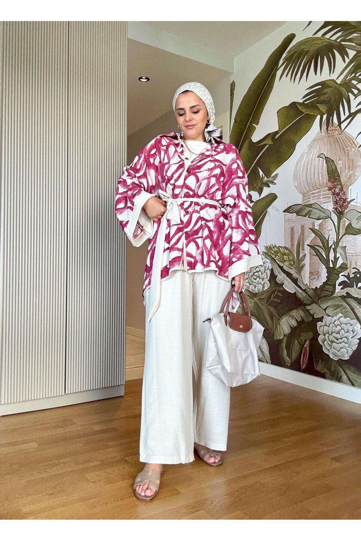 Yılan Desenli Pamuk Keten Kimono Takım | Yazlık Rahat Tesettür İkili Takım Siyah