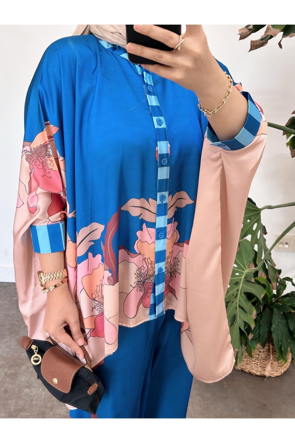 Yarasa Kol Saten Çiçekli Takım Pembe