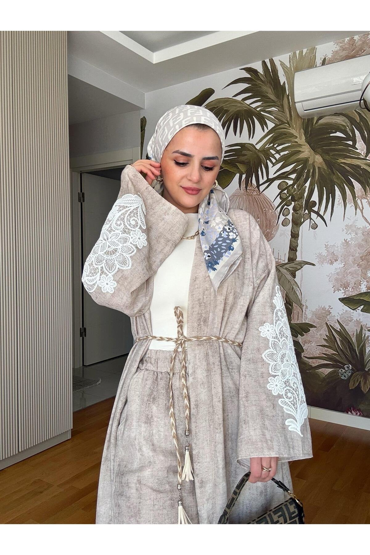 Kimona Pamuklu Kemerli Tunik Takım Siyah