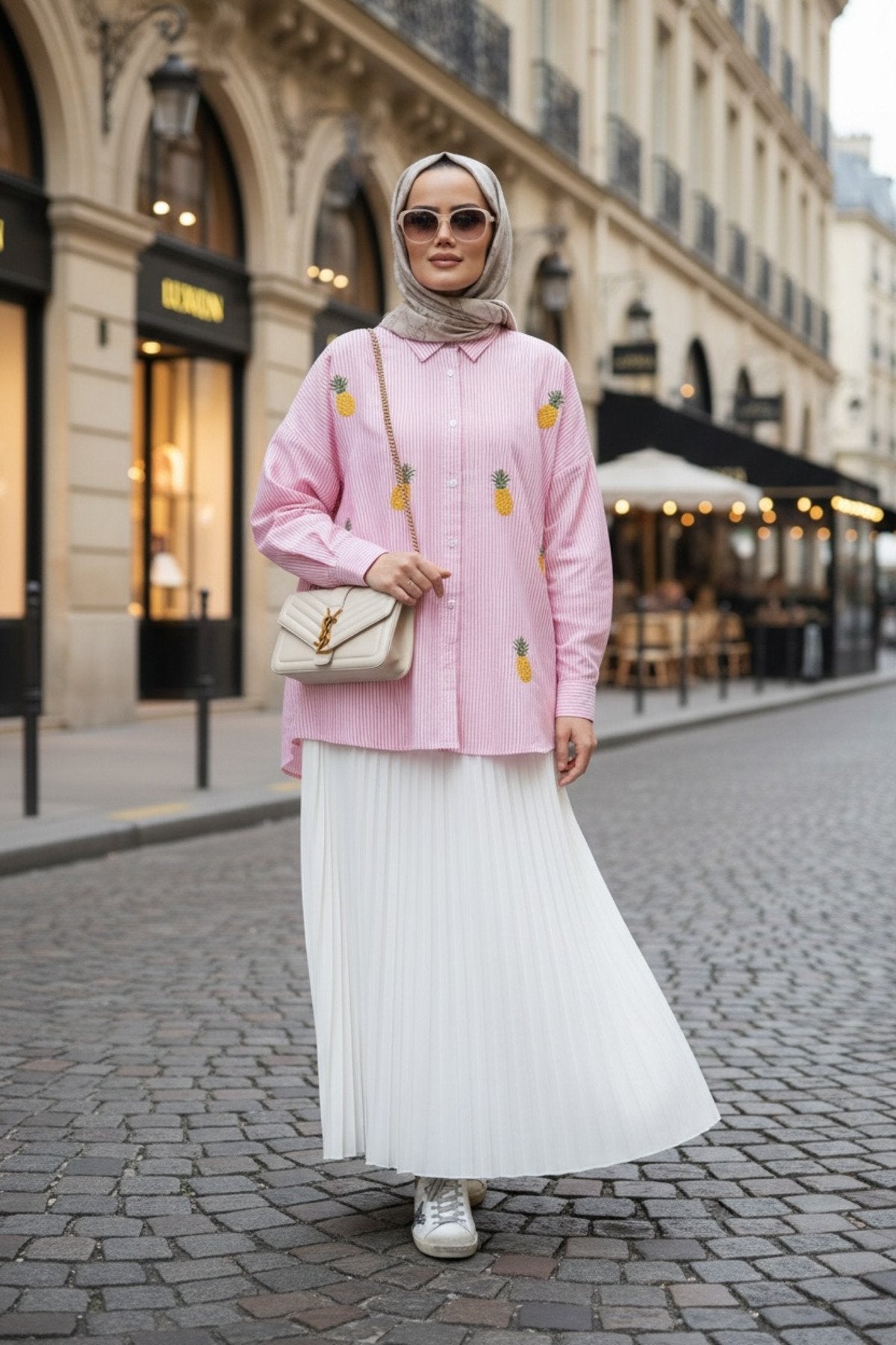 Çizgili Desen Poplin Ananas Nakışlı Gömlek Pembe