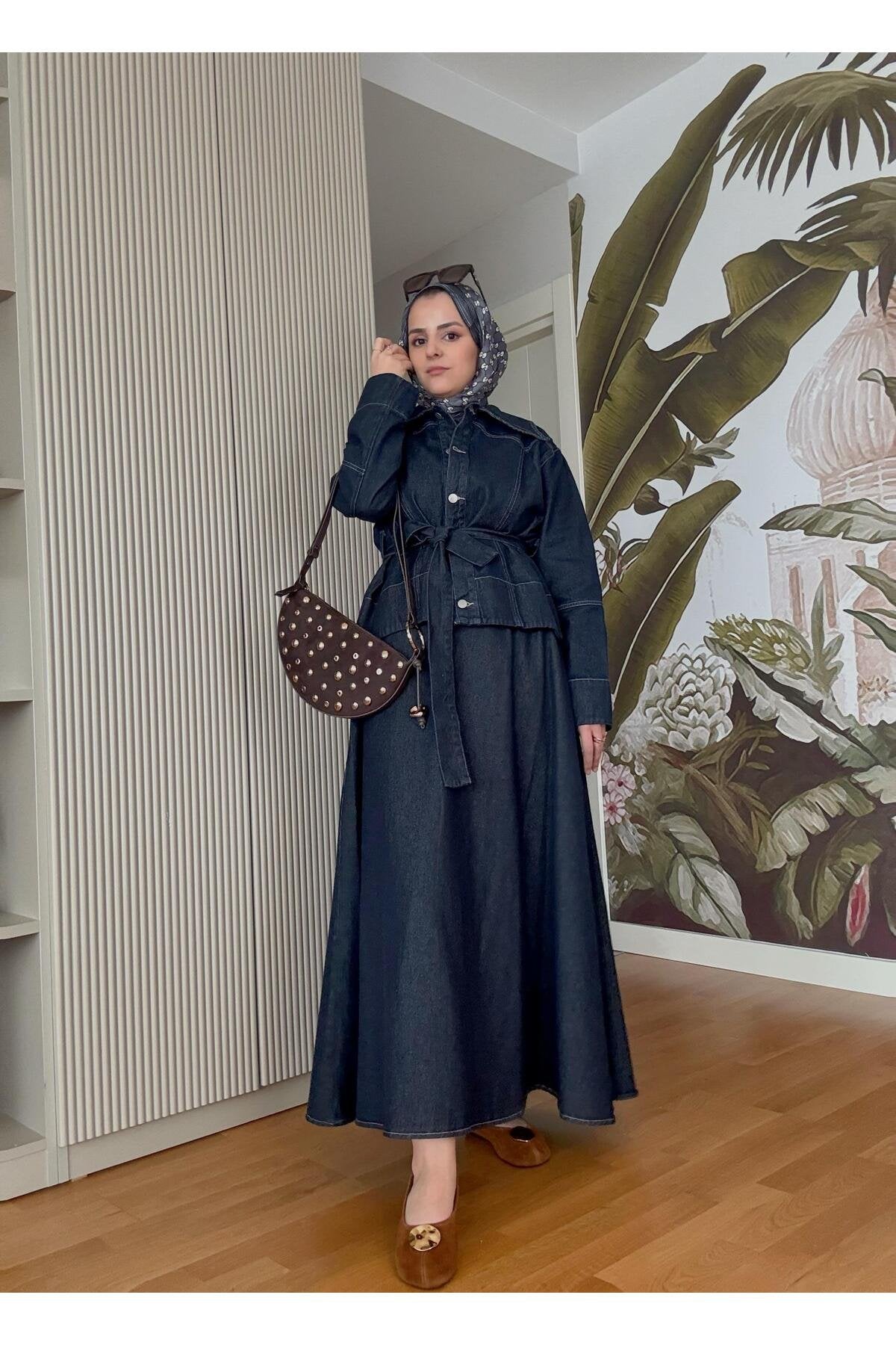Denim Kuşaklı Çan Etek Takım KoyuMavi