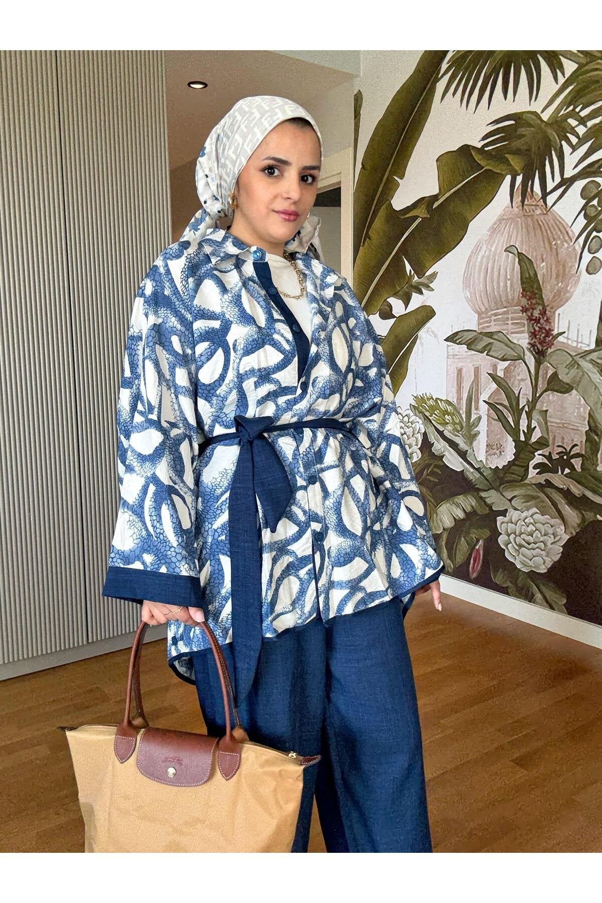 Yılan Desenli Pamuk Keten Kimono Takım | Yazlık Rahat Tesettür İkili Takım Siyah