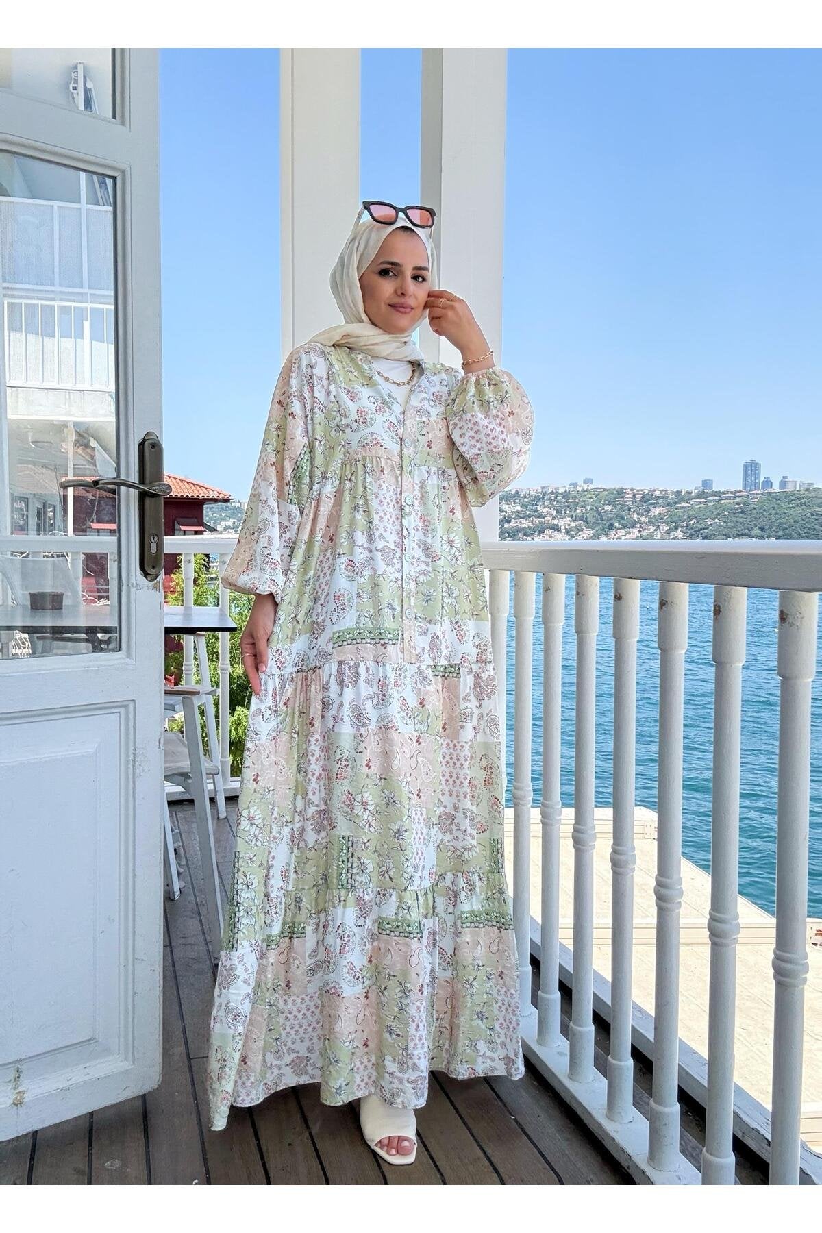 Etnik Desenli Robalı Yazlık Elbise | Düğmeli ve Rahat Kesim Bej-mavi