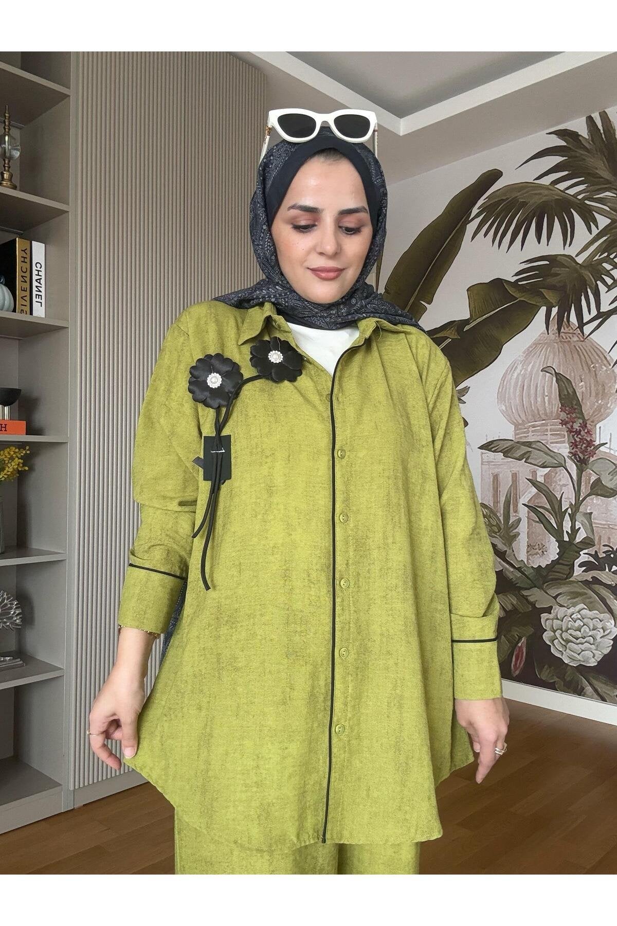 Biyeli Çiçekli Pamuk Keten Gömlek Takım Siyah