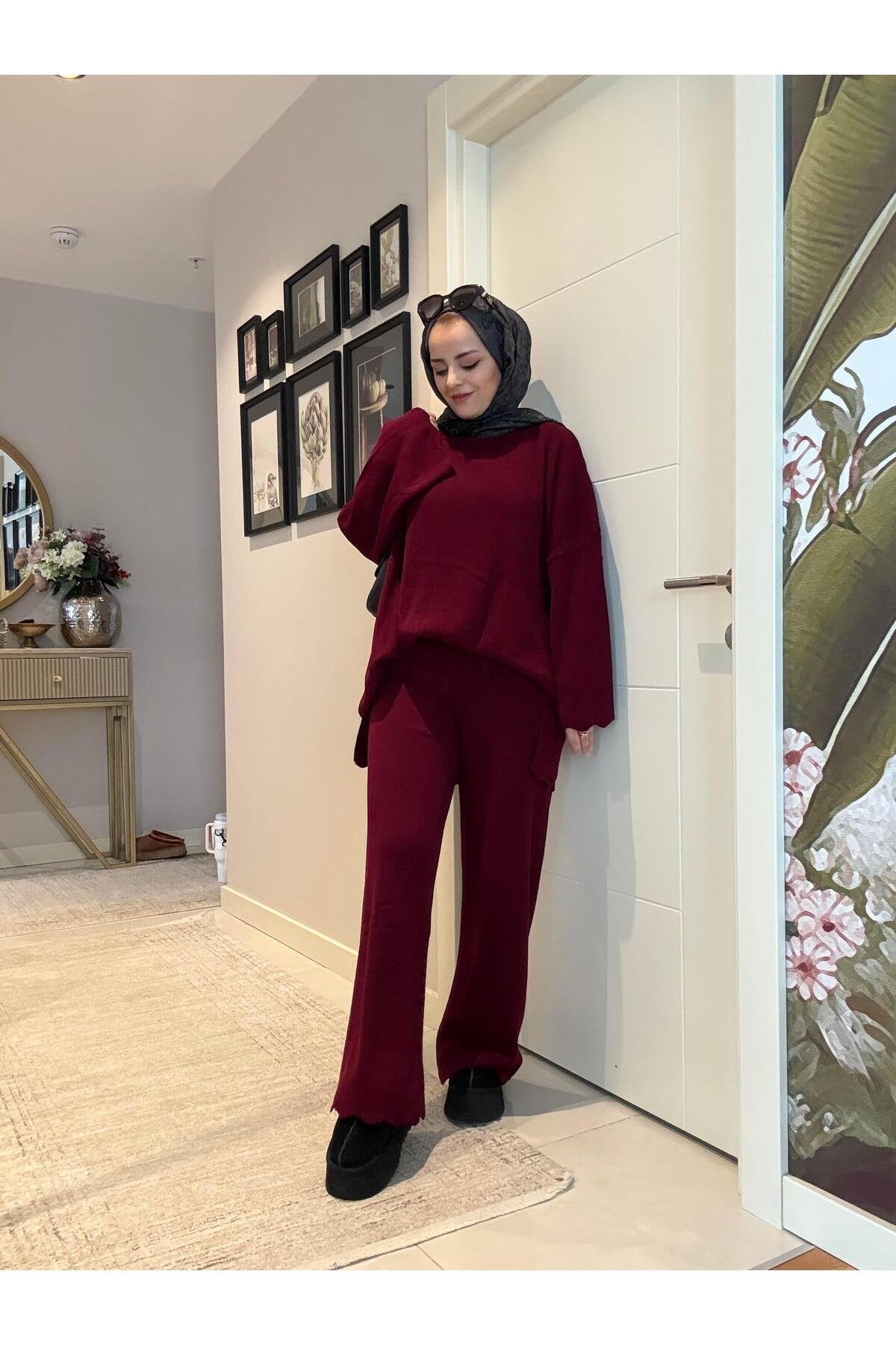 Fitilli Kolyeli Günlük Triko Ikili Takım Bordo