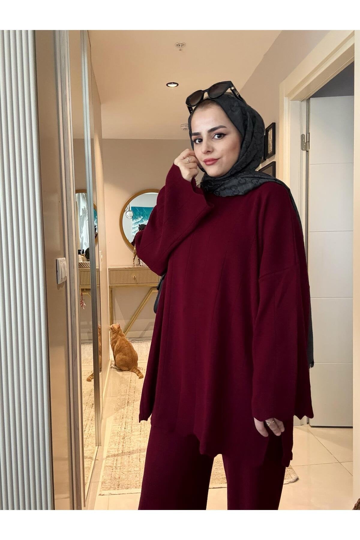 Fitilli Kolyeli Günlük Triko Ikili Takım Bordo