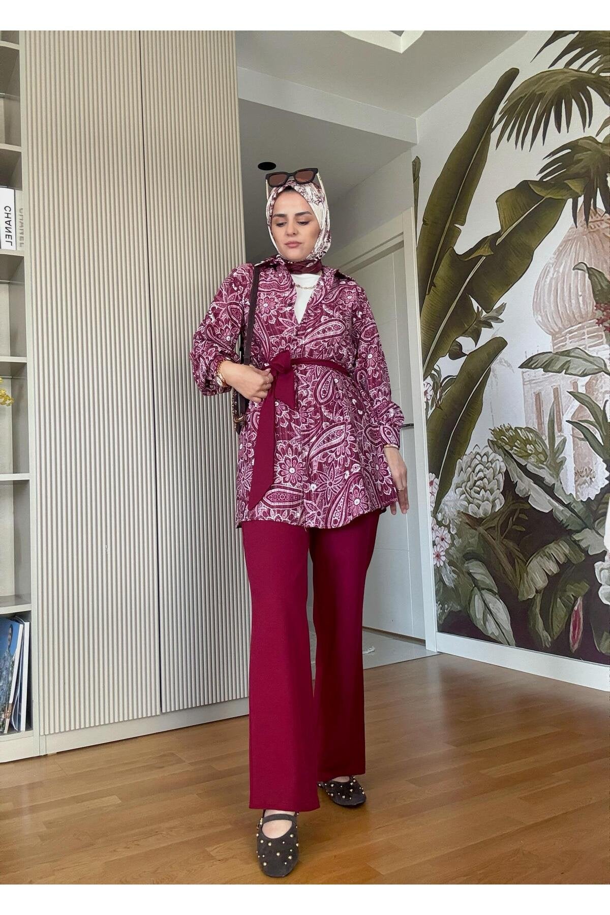 Bahar Pamuklu Gömlek Desenli Krep Pantolon Takım Vizon