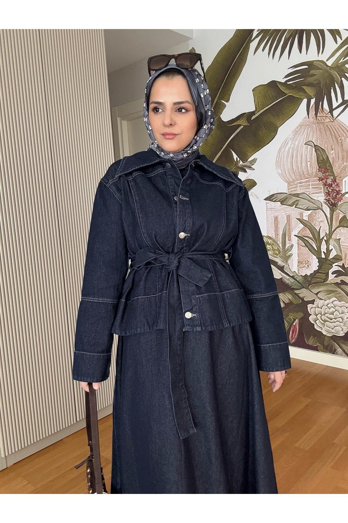 Denim Kuşaklı Çan Etek Takım KoyuMavi