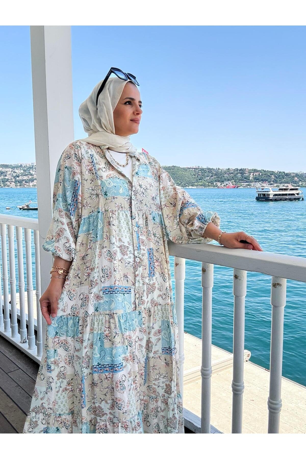Etnik Desenli Robalı Yazlık Elbise | Düğmeli ve Rahat Kesim Bej-mavi