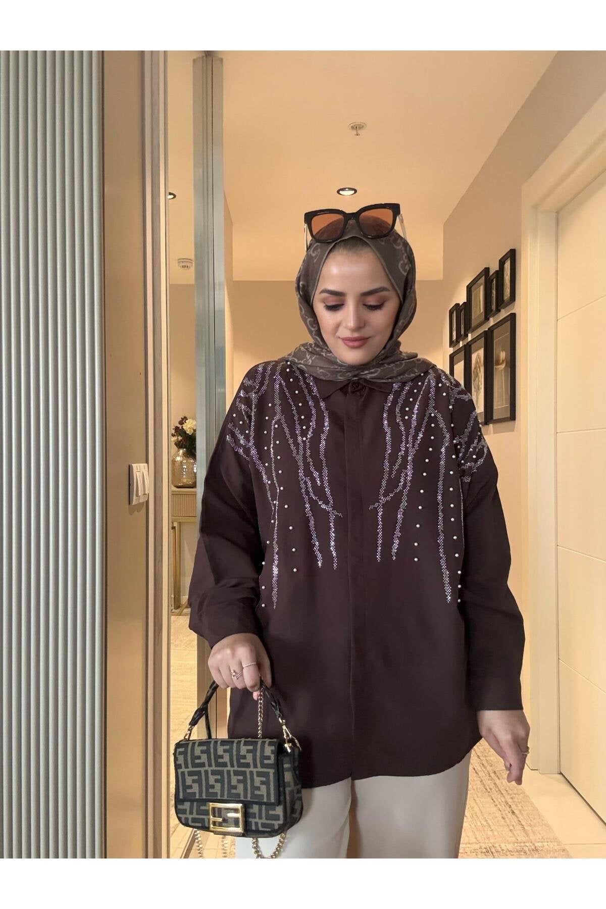 Pamuk Keten Gömlek İncili Pullu Acıkahve