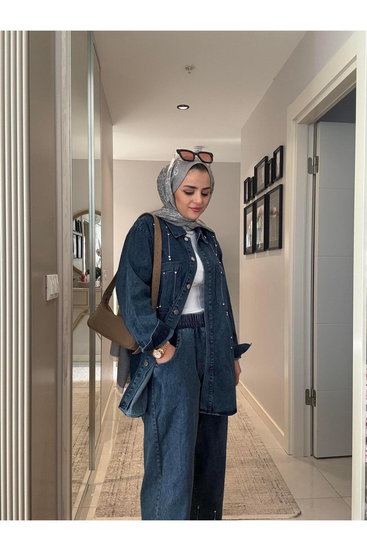 Pantolon-Gömlek Taş Detaylı Denim Gömlek İkili Takım Koyu Mavi Kadın Tesettür Giyim