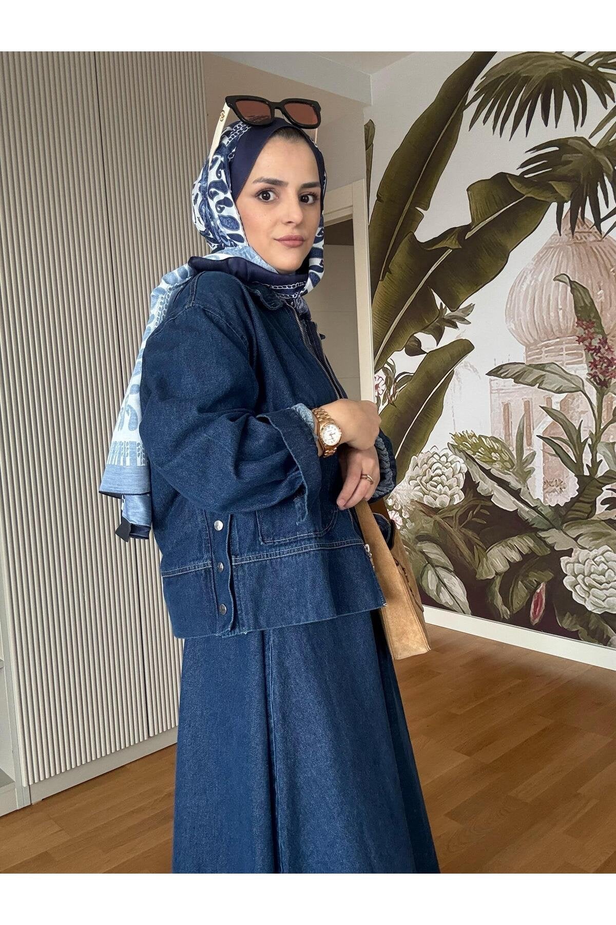 Denim Fermuarlı Çan Etek Takım Lacivert