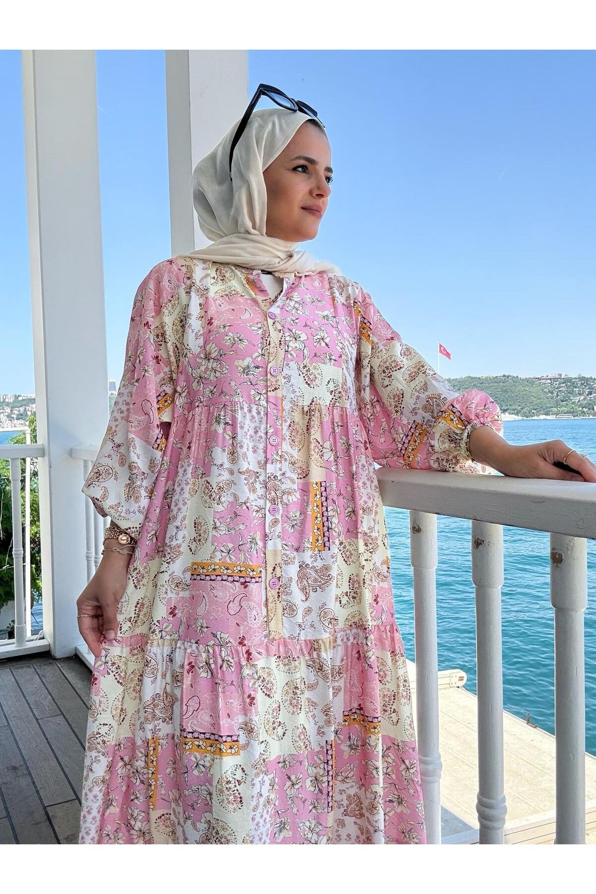 Etnik Desenli Robalı Yazlık Elbise | Düğmeli ve Rahat Kesim Bej-mavi