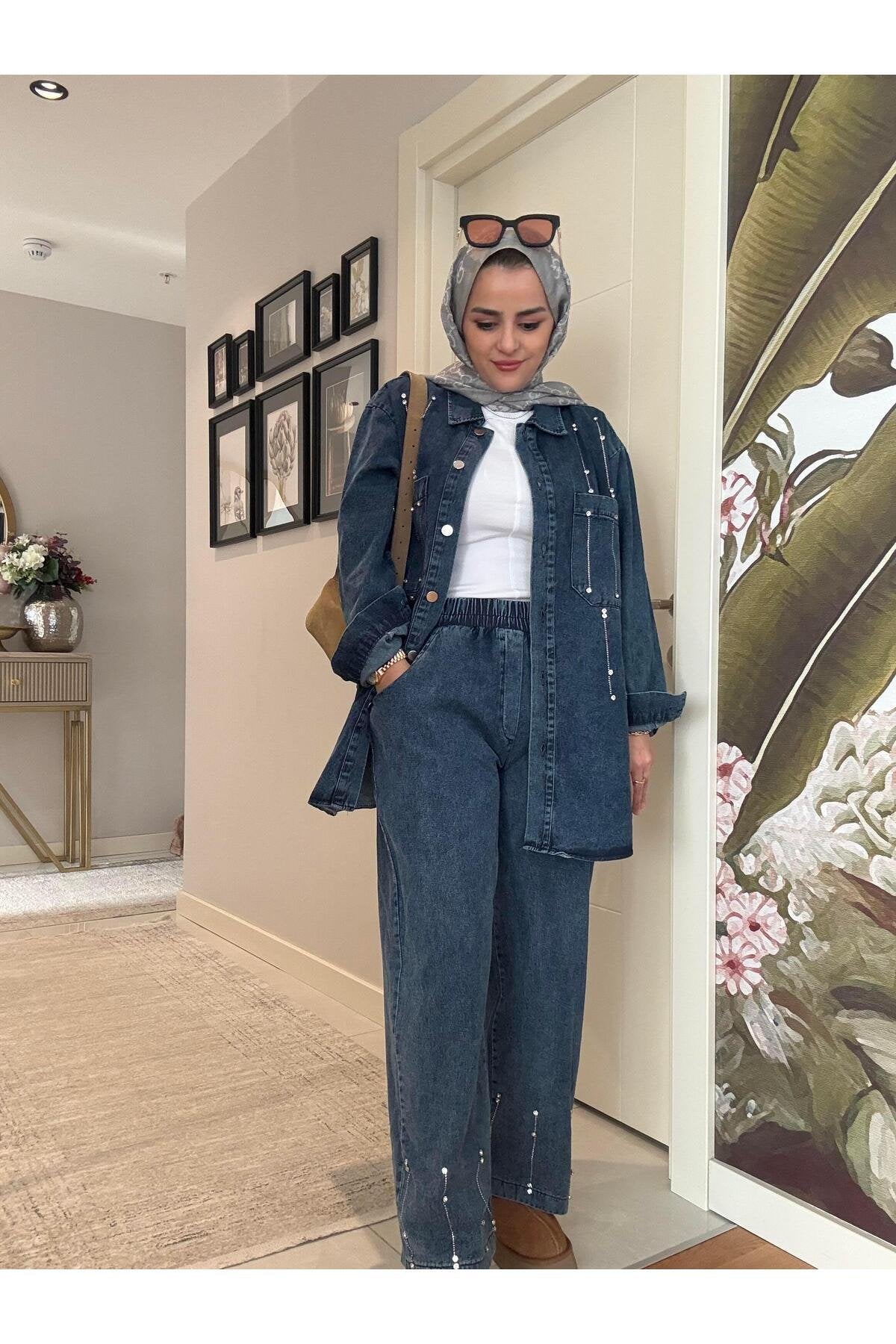 Pantolon-Gömlek Taş Detaylı Denim Gömlek İkili Takım Koyu Mavi Kadın Tesettür Giyim