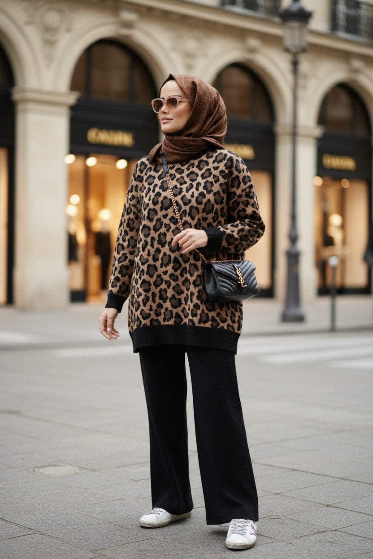 Leopar Desenli Triko Takım kahve