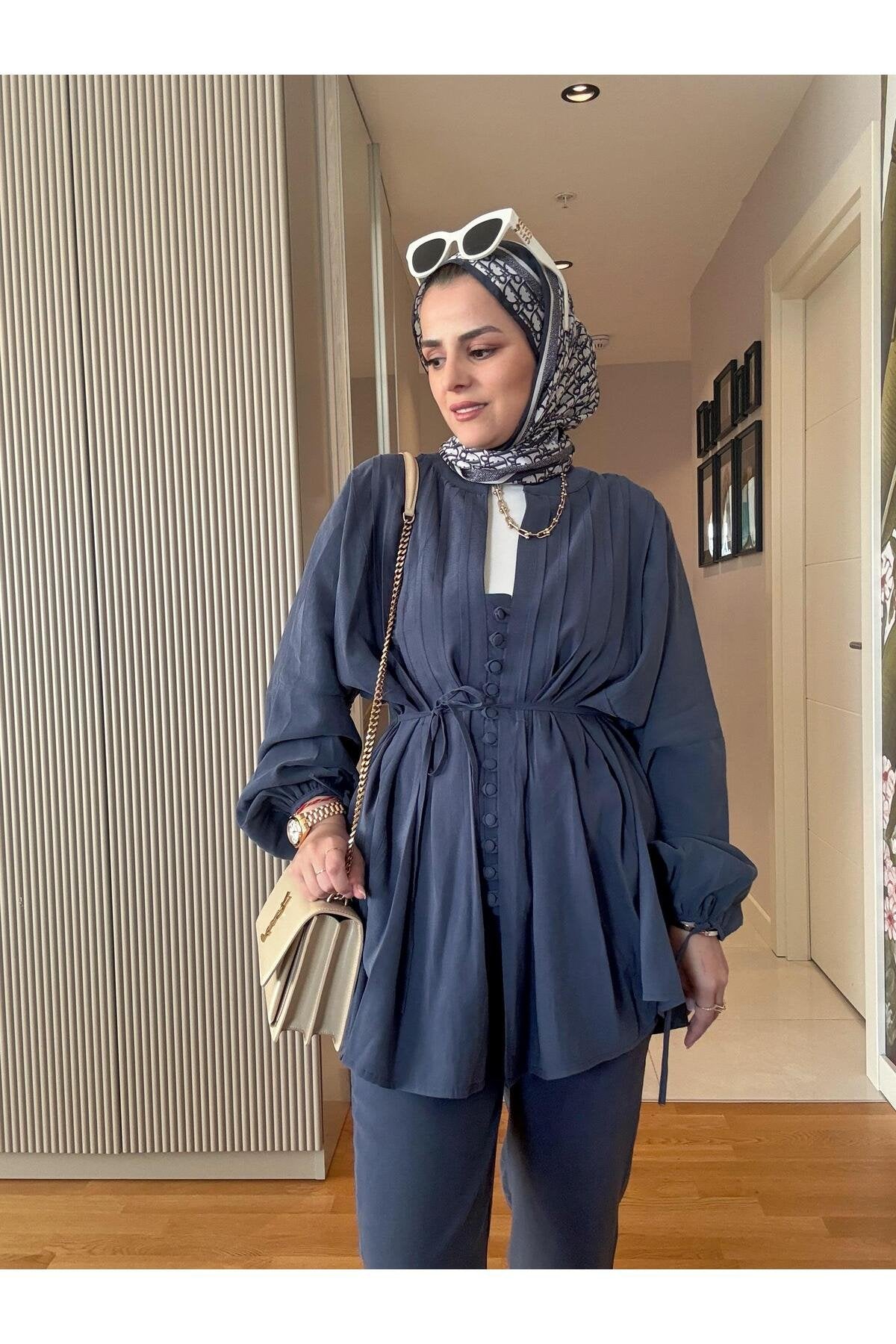 Roza Düğmeli İthal Dokuma Kumaş Gömlekli İkili Takım Bordo
