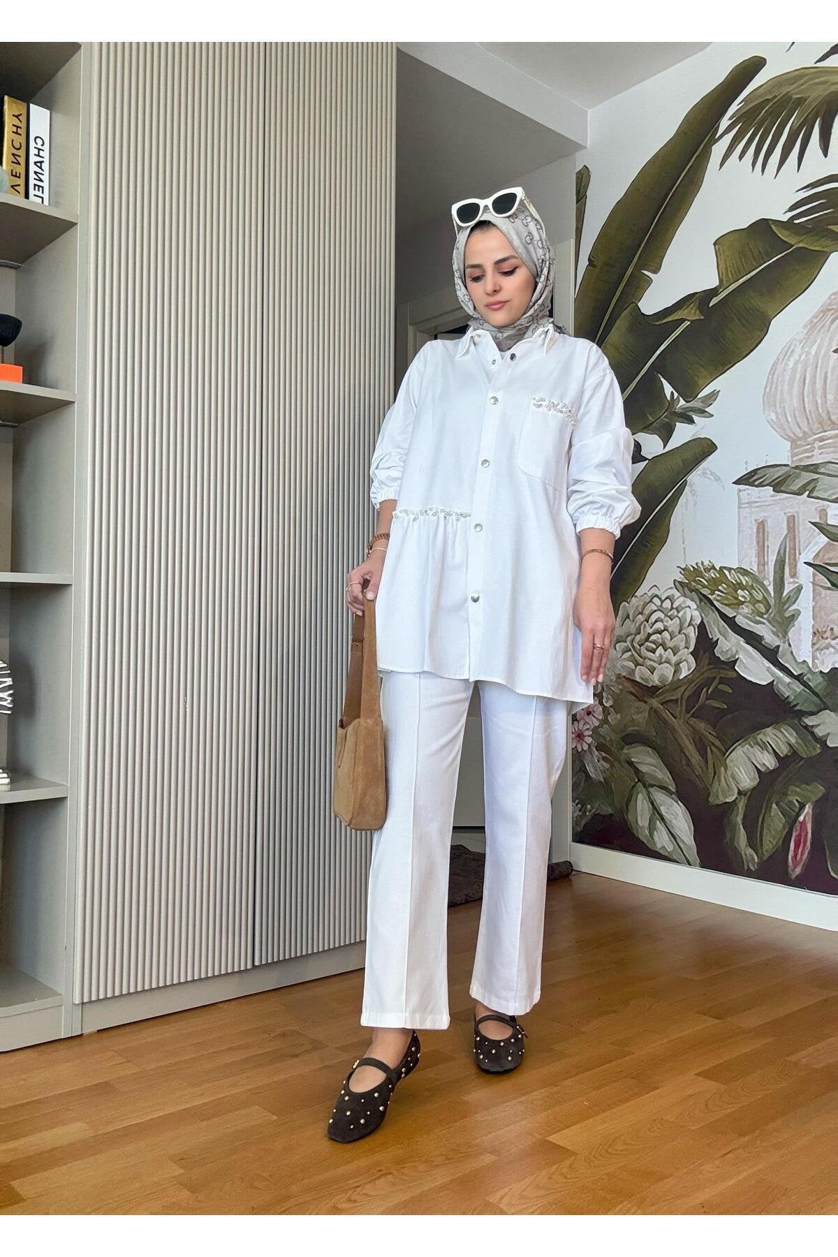 İncili Taşlı Denim Gömlek Ceket Takım Beyaz