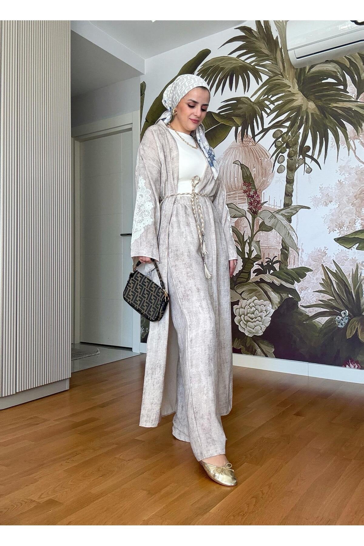 Kimona Pamuklu Kemerli Tunik Takım Siyah
