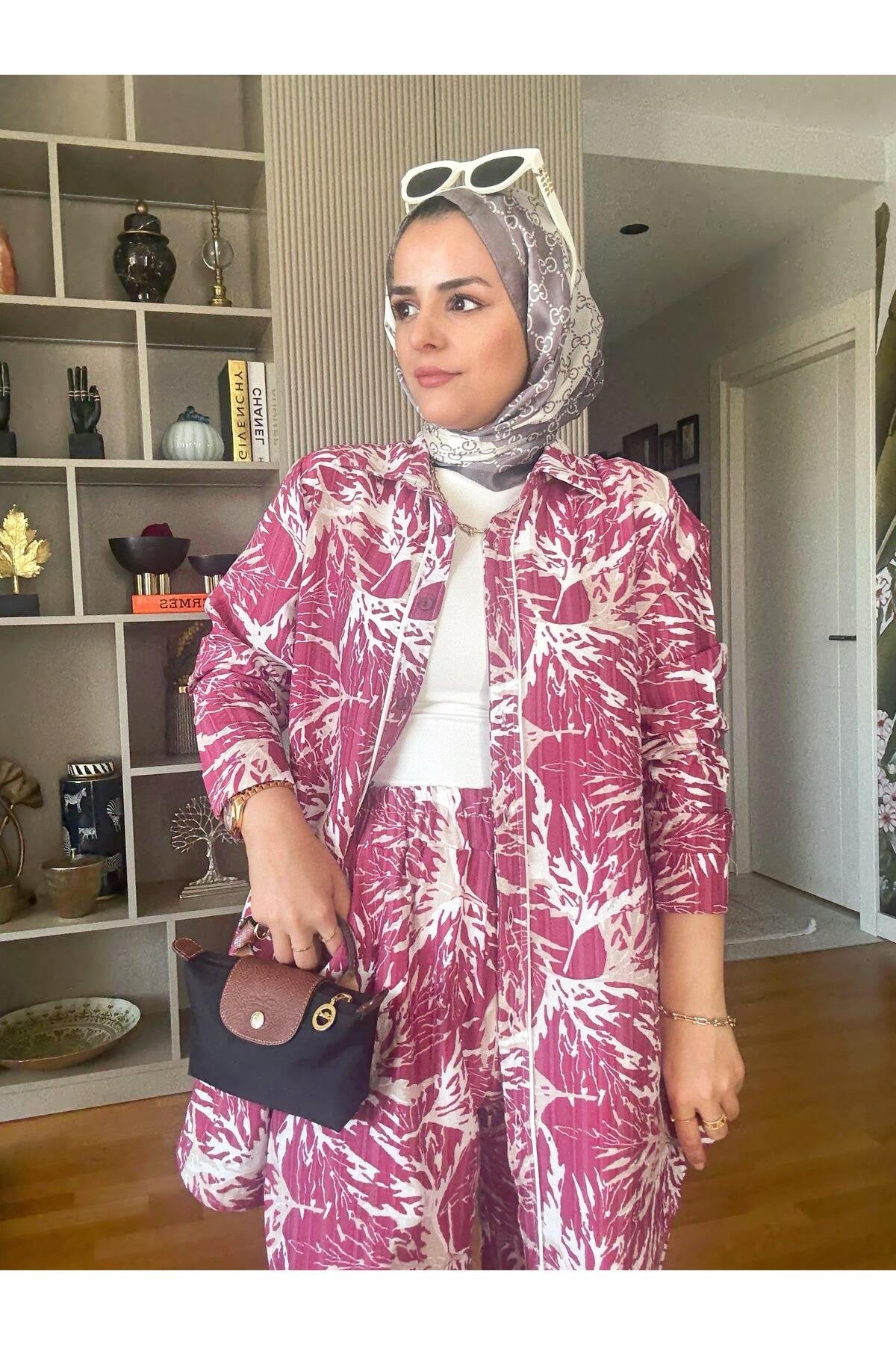Pamuk Keten Desenli Biyeli Gömlek Takım Pembe
