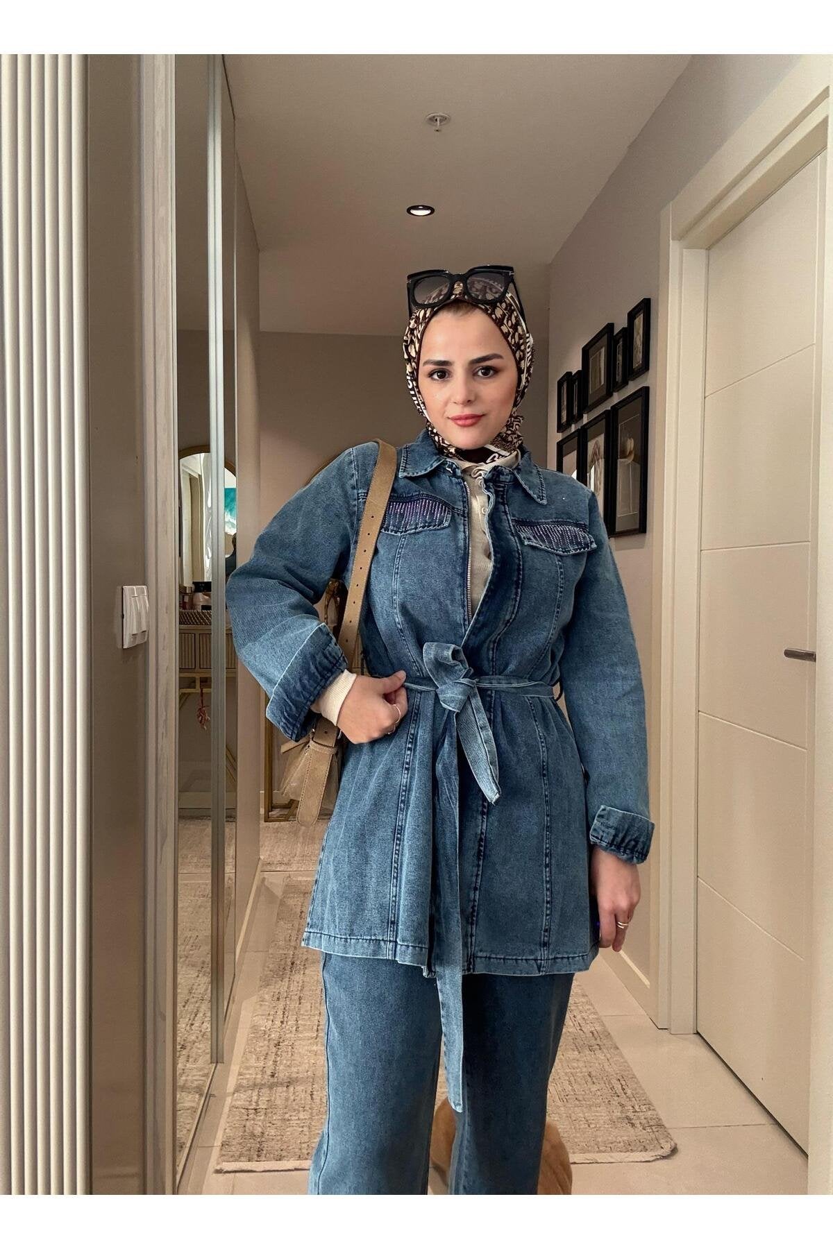 Kemerli Taş Detaylı Denim Gömlek İkili Takım Koyu Mavi