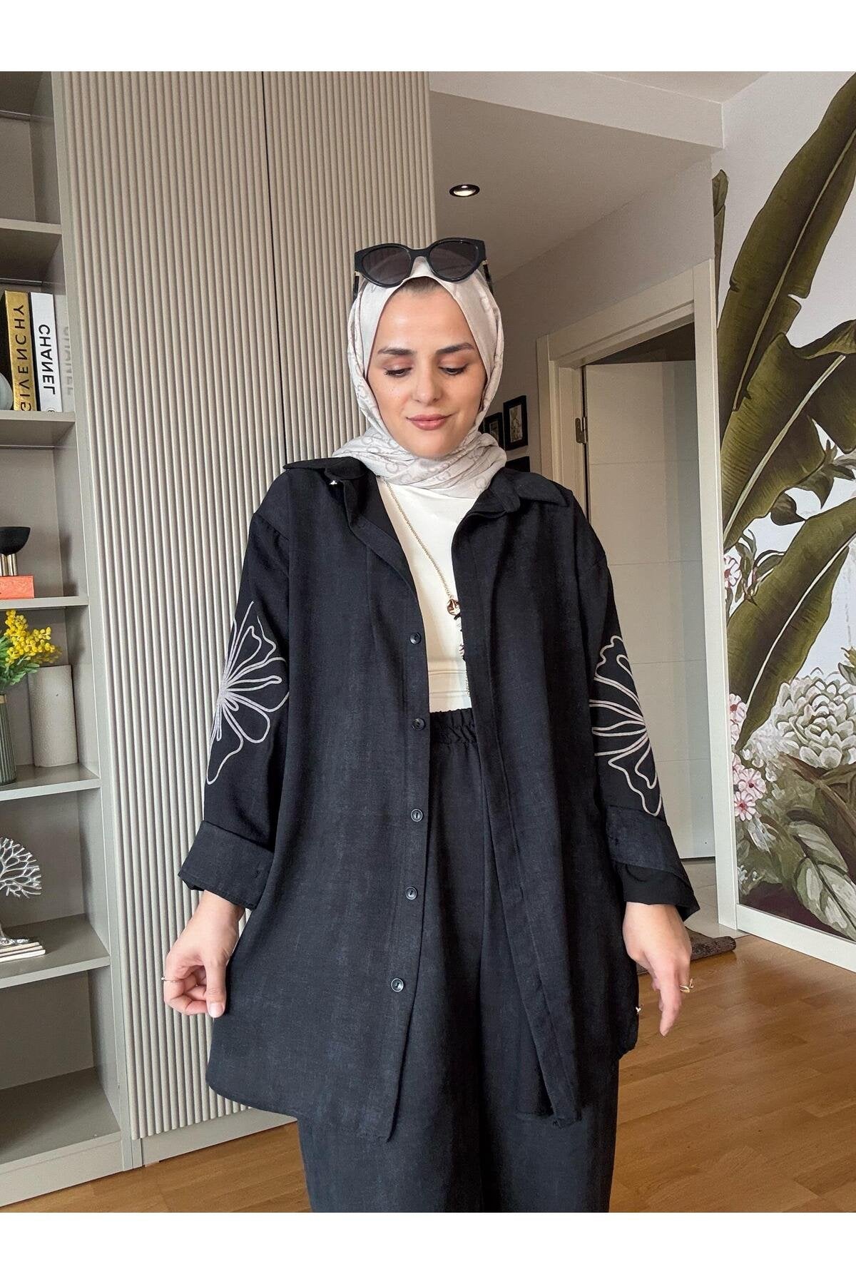 Keten Kol Çiçek Baskı Detaylı Kolyeli Gömlek Takım Yağyeşil