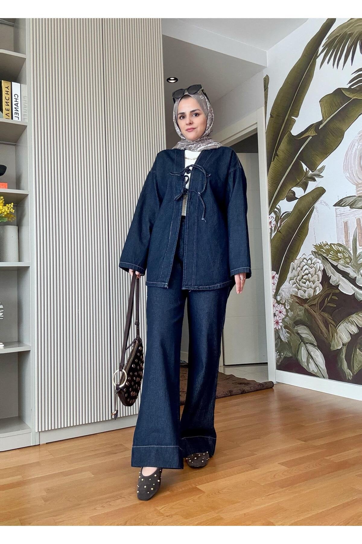 Kurdela ipli Denim Ceket Takım Koyu Mavi
