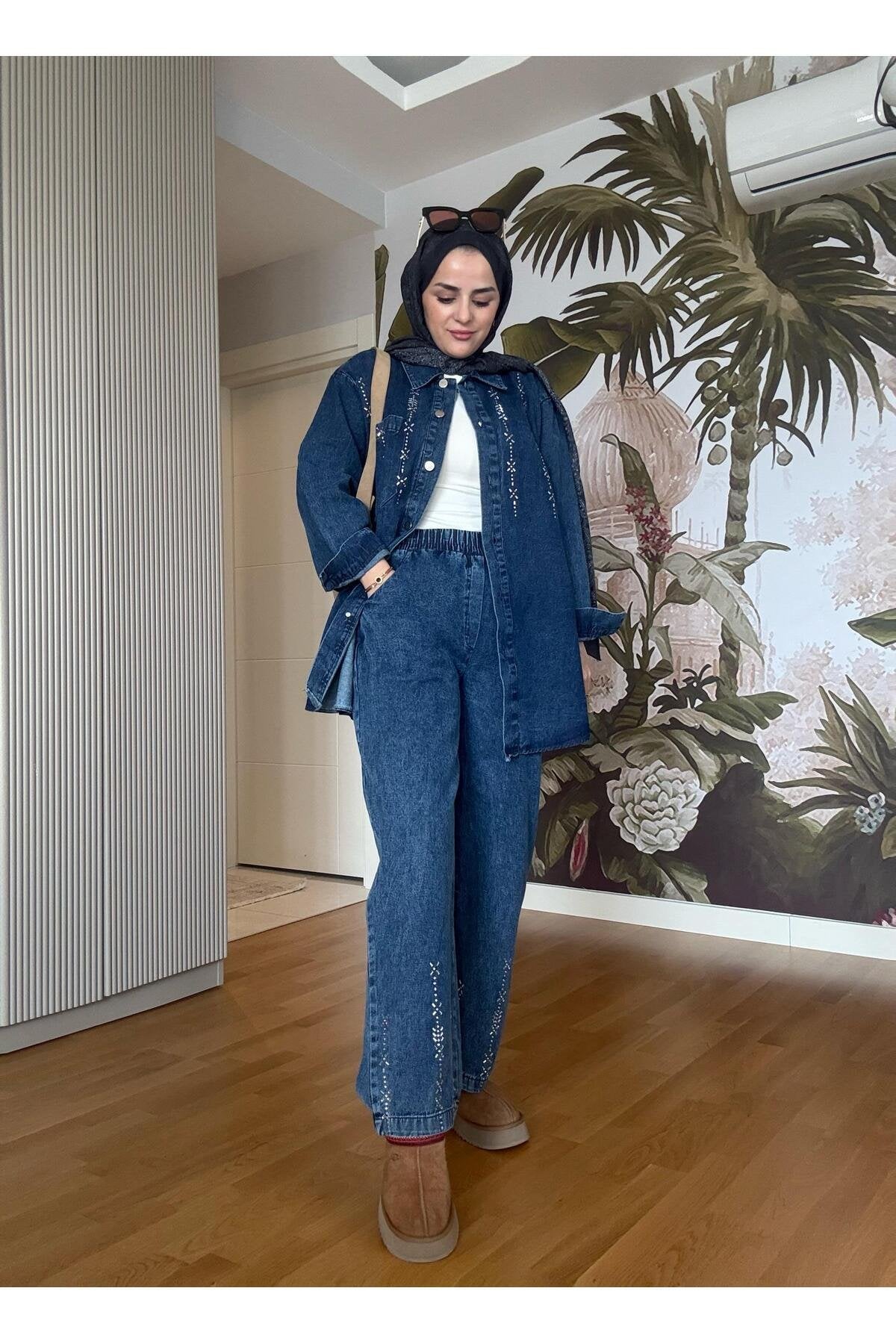 Üçgen Şerit Taş Detaylı Denim Gömlek İkili Takım Açık Mavi