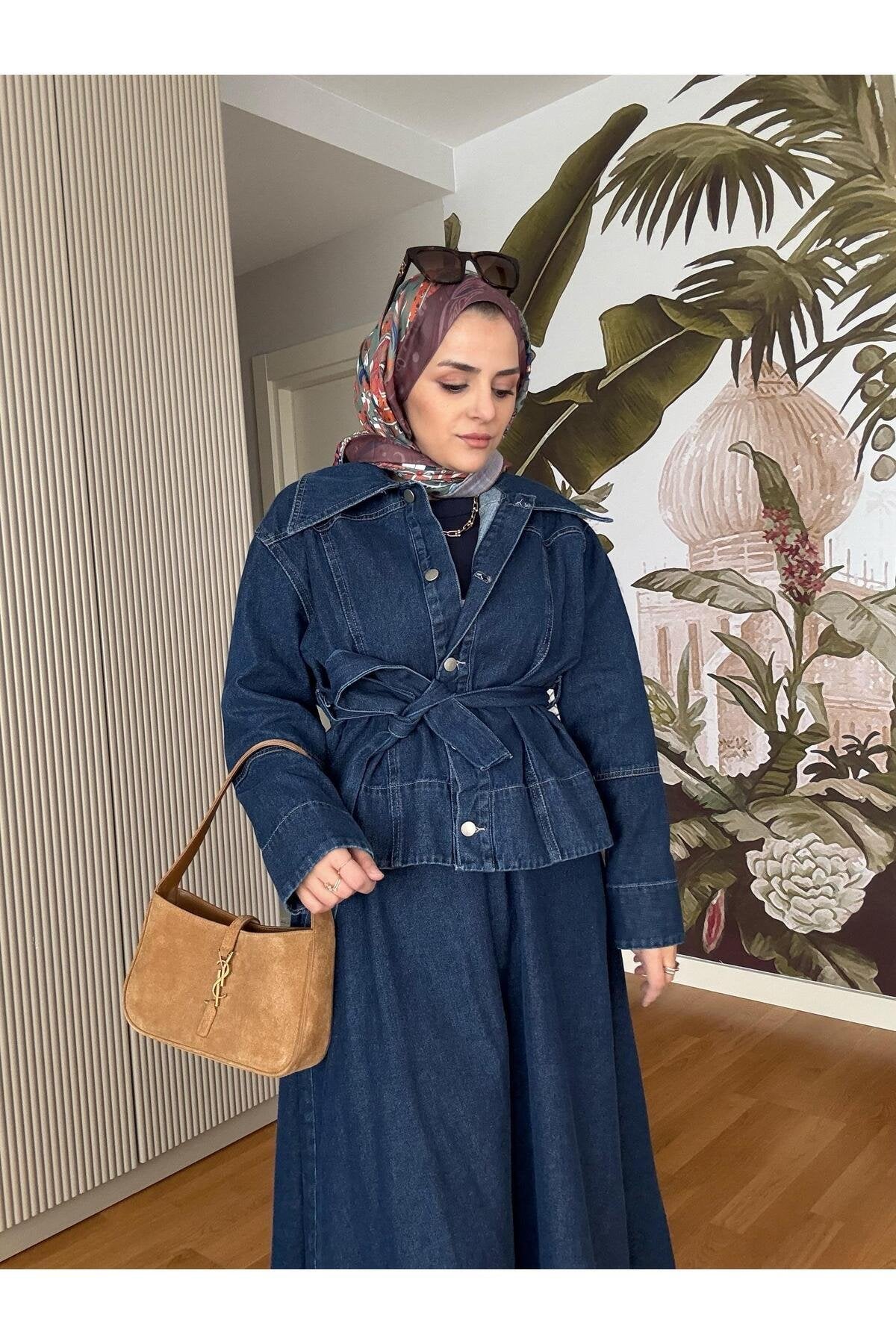 Denim Kuşaklı Çan Etek Takım Lacivert