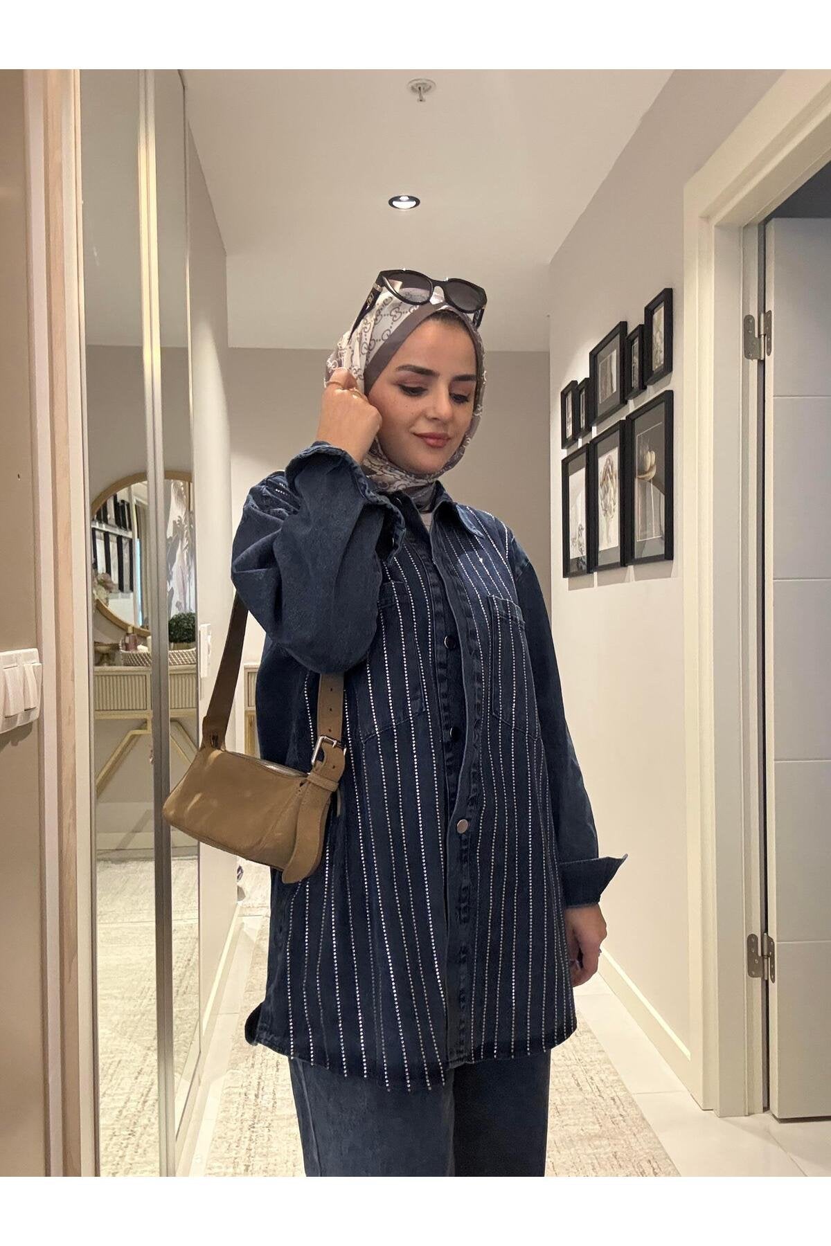 Taş Detaylı Denim Gömlek İkili Takım Koyu Mavi
