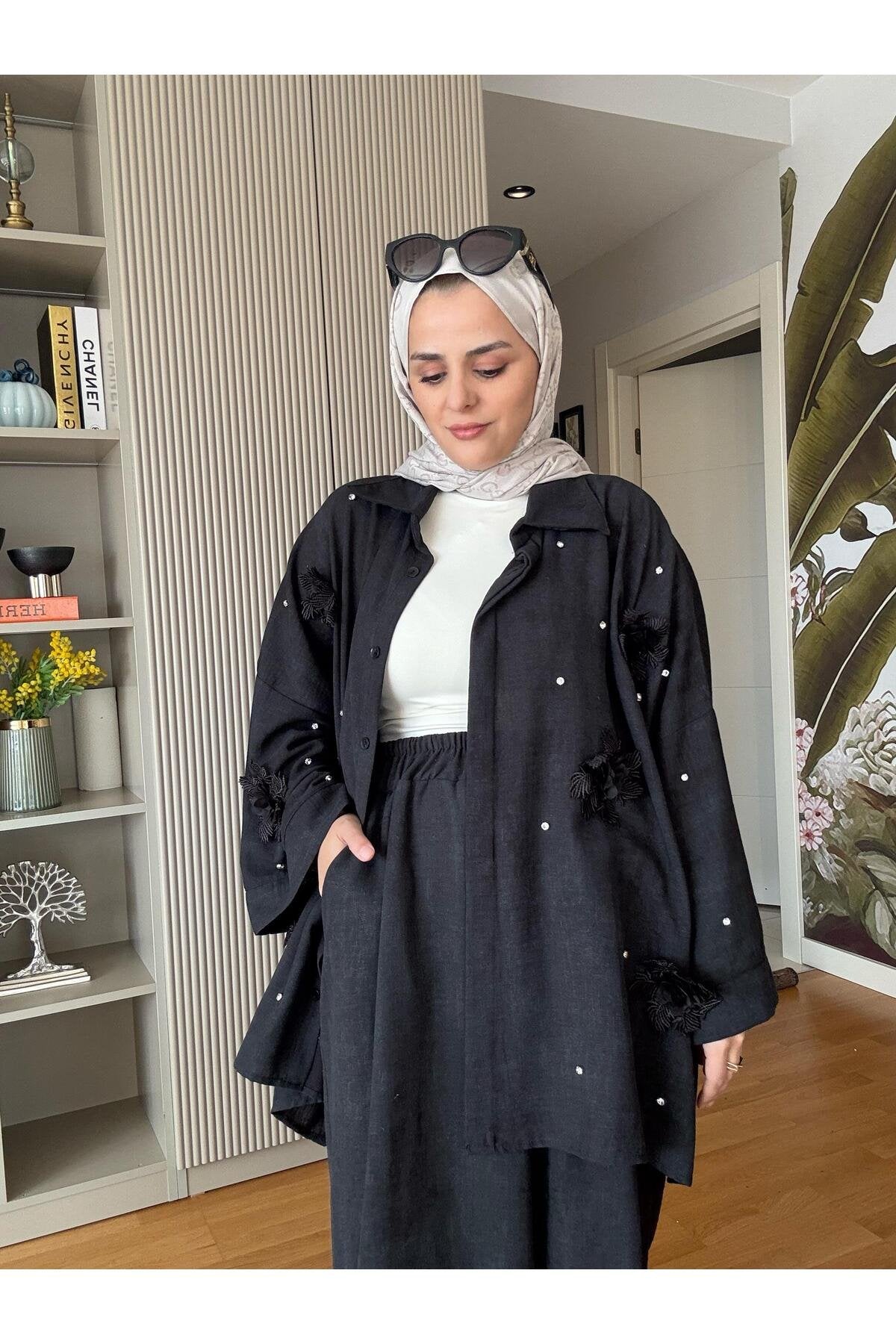 Keten Taş ve Dantel Detaylı Gömlek Takım Kahve