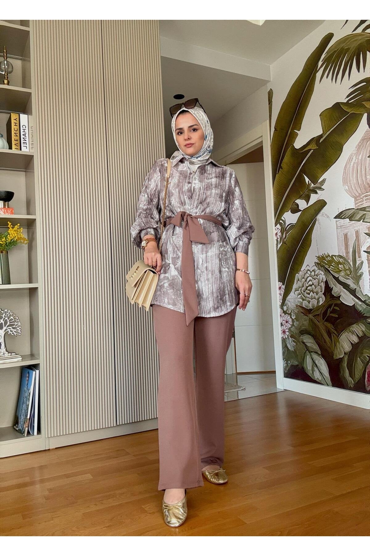 Bella Pamuklu Gömlek Desenli Krep Pantolon Takım Bej