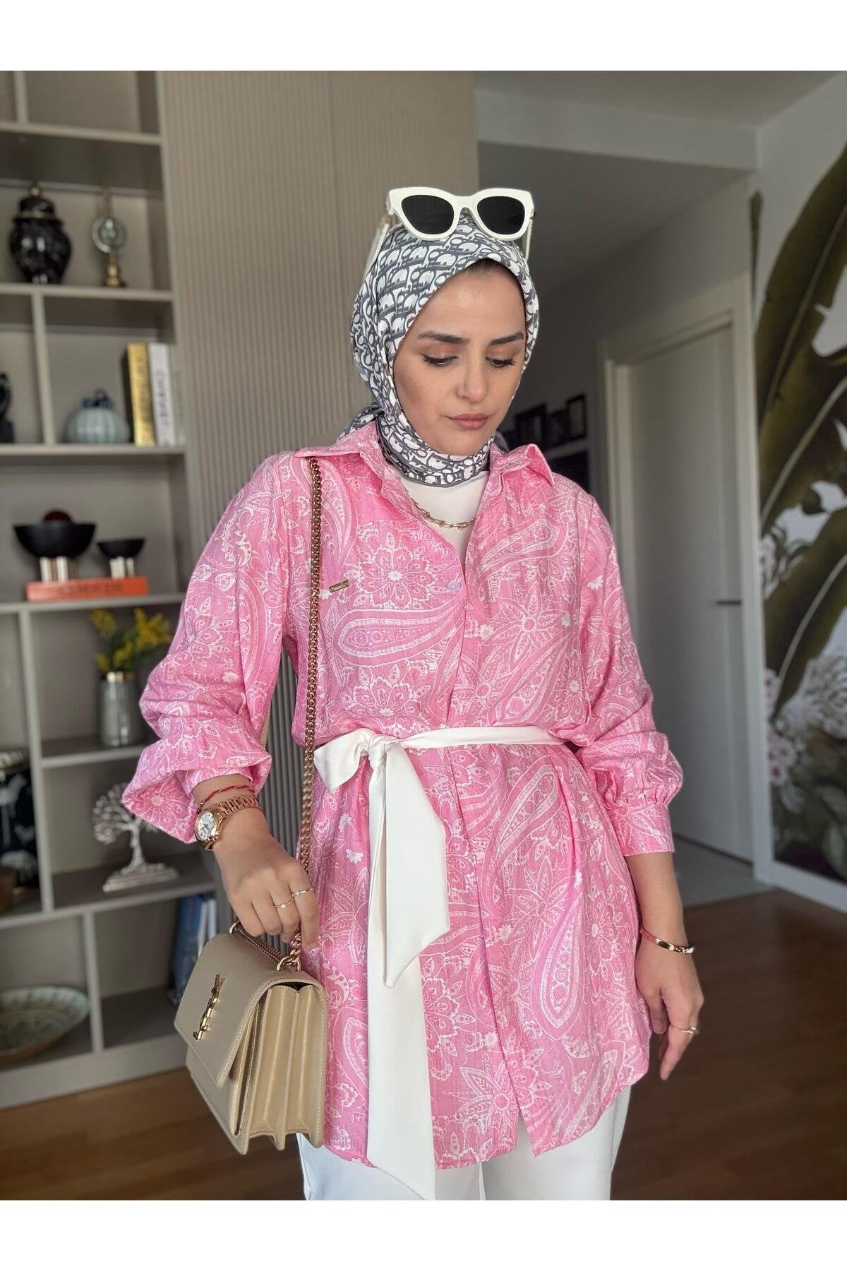 Bahar Pamuklu Gömlek Desenli Krep Pantolon Takım Vizon