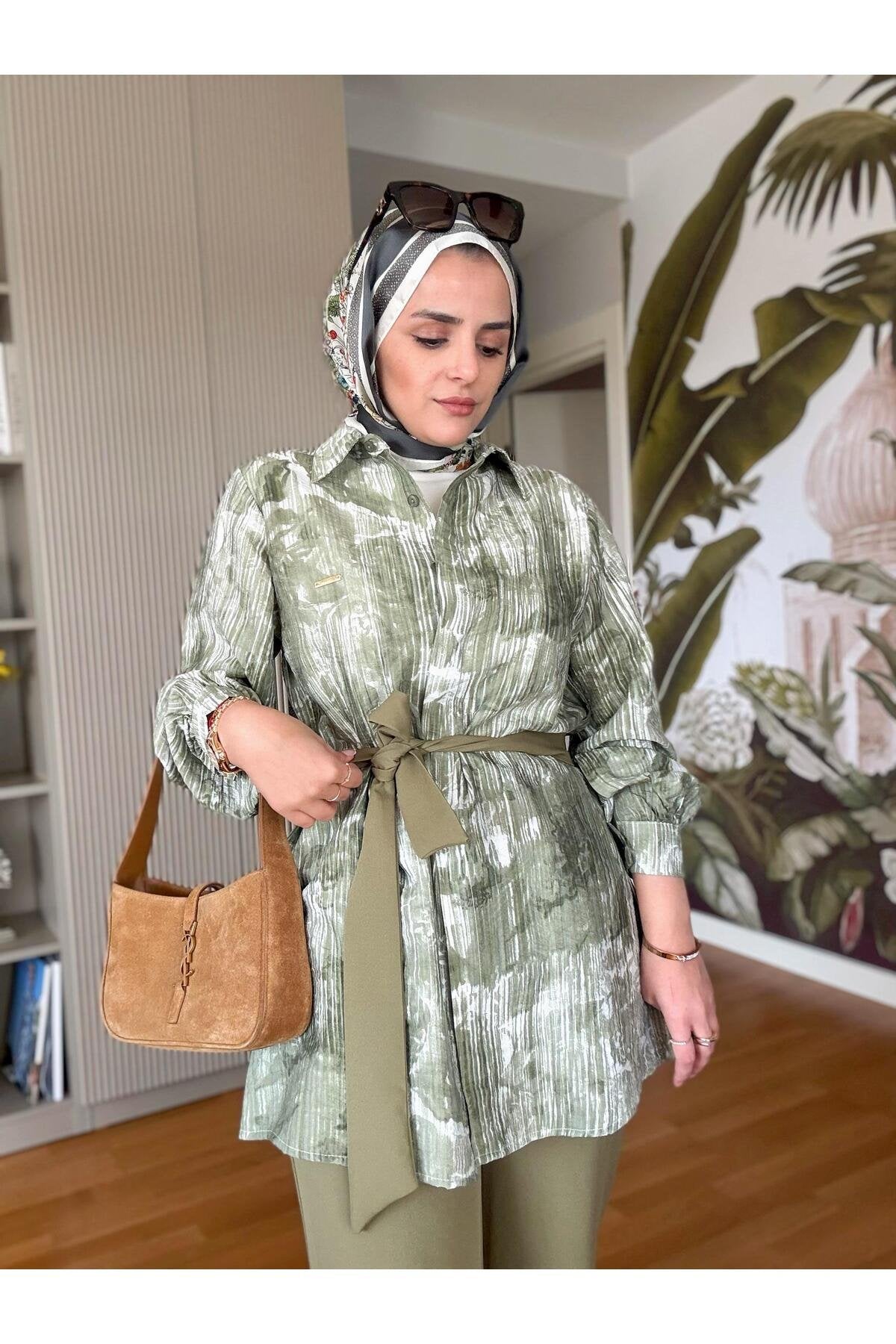 Bella Pamuklu Gömlek Desenli Krep Pantolon Takım Bej