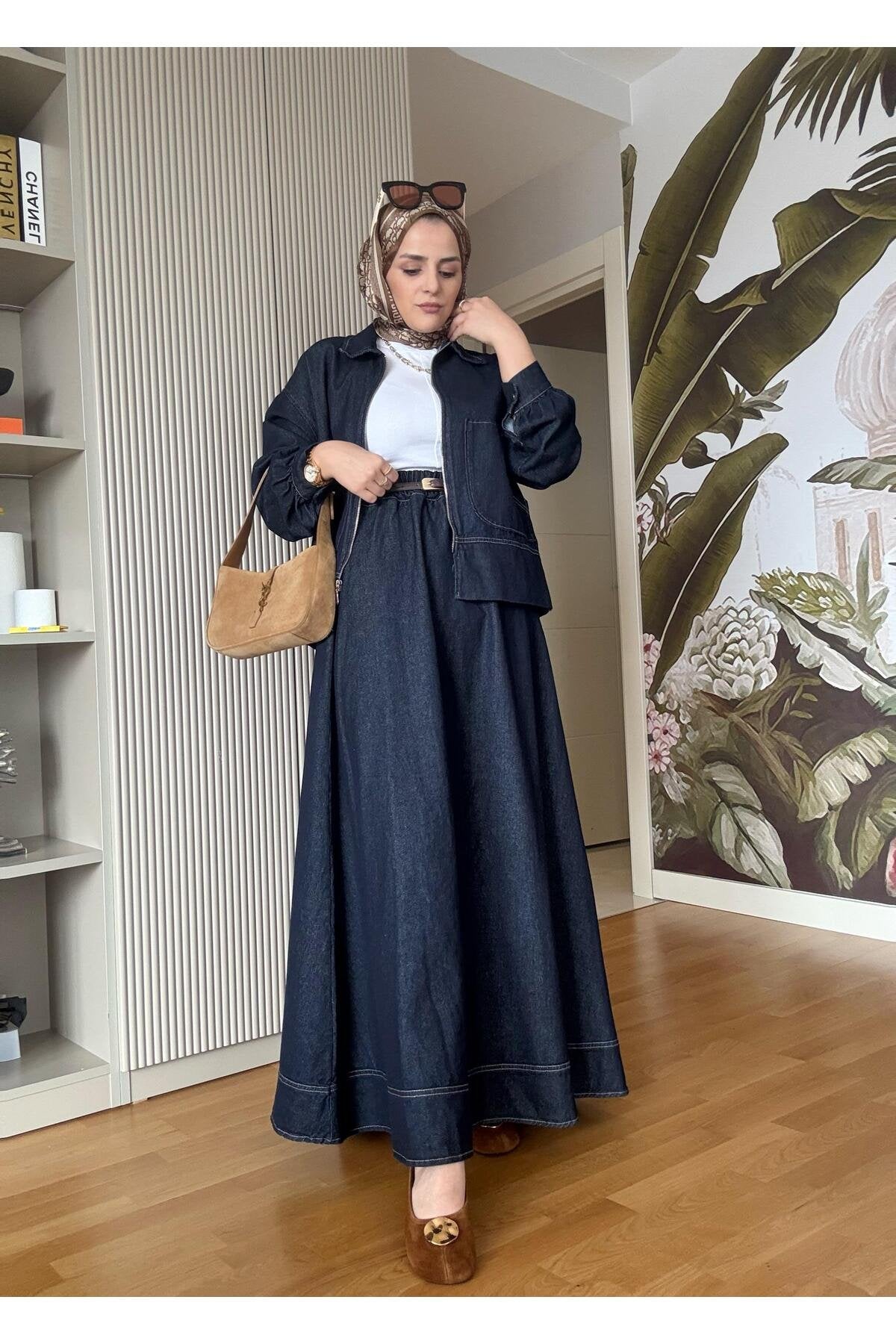 Denim Fermuarlı Çan Etek Takım Lacivert