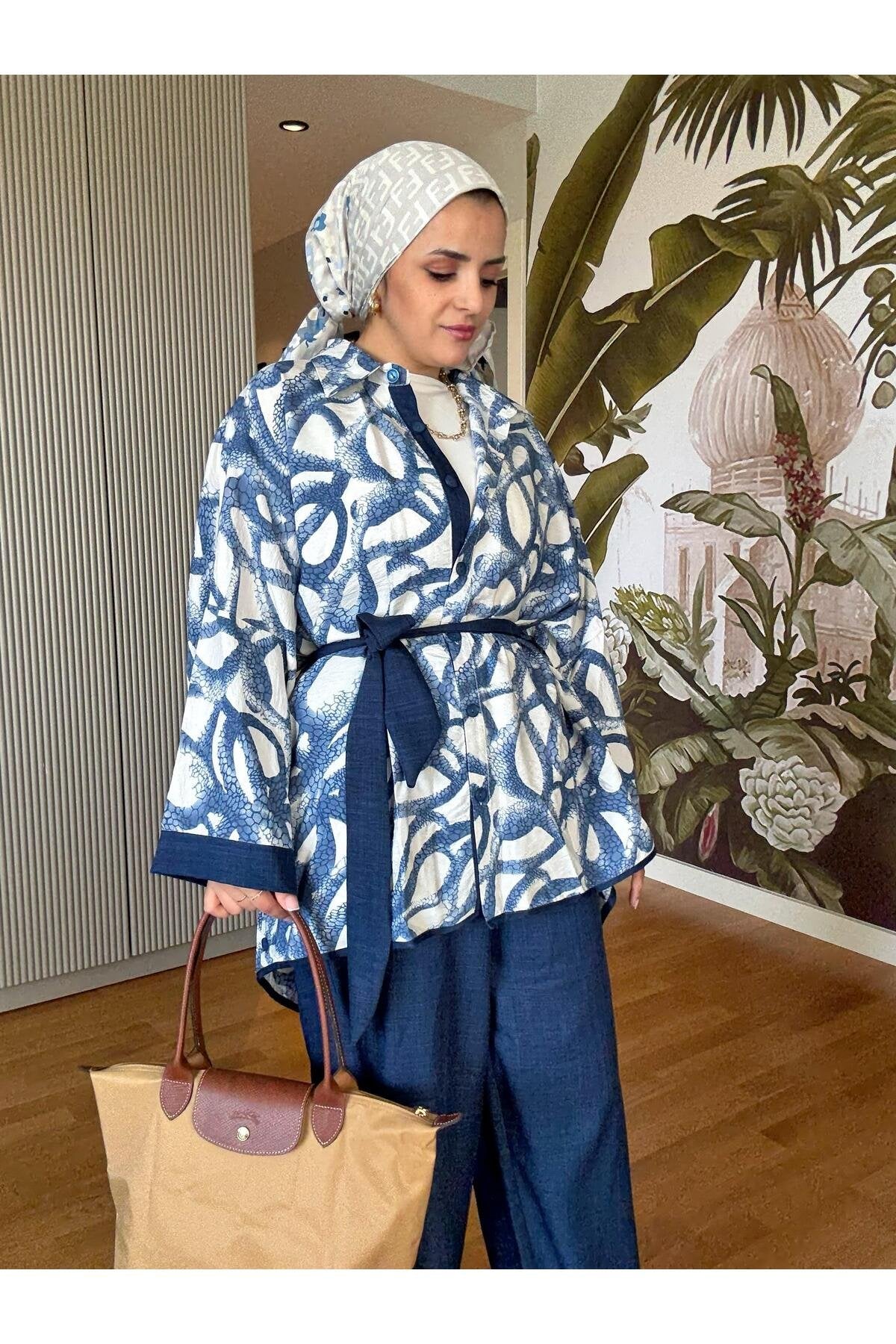 Yılan Desenli Pamuk Keten Kimono Takım | Yazlık Rahat Tesettür İkili Takım Siyah