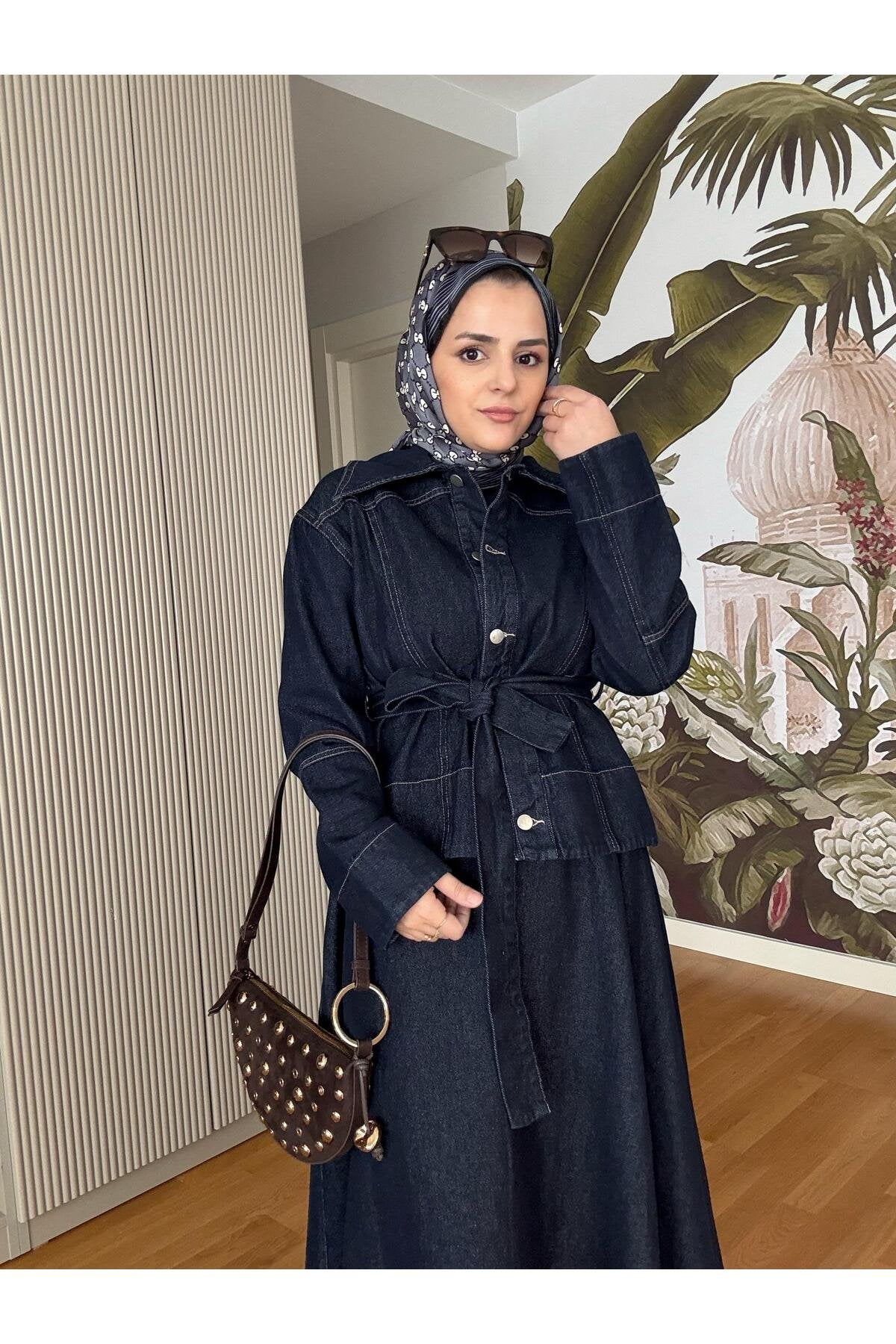 Denim Kuşaklı Çan Etek Takım KoyuMavi