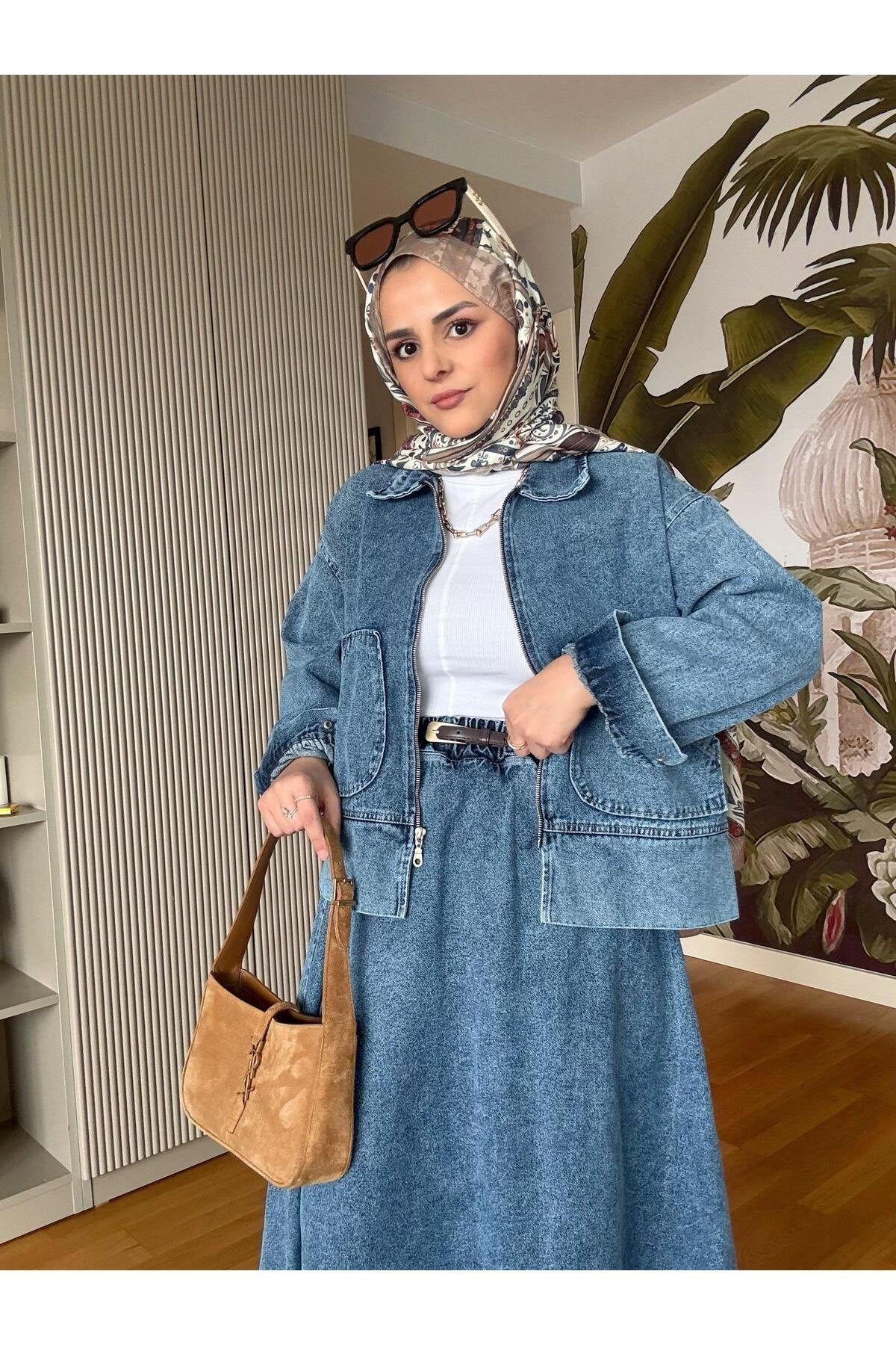 Denim Fermuarlı Çan Etek Takım Lacivert