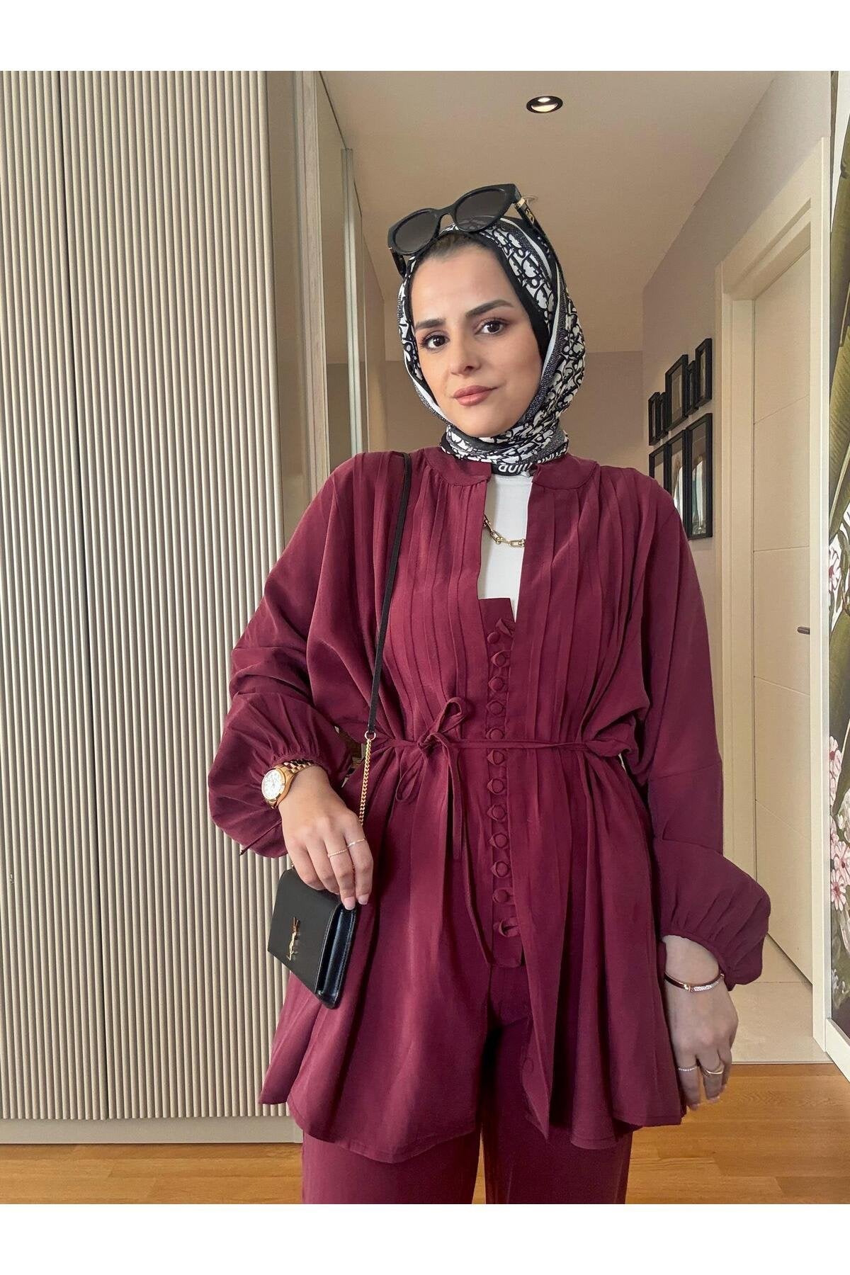 Roza Düğmeli İthal Dokuma Kumaş Gömlekli İkili Takım Bordo