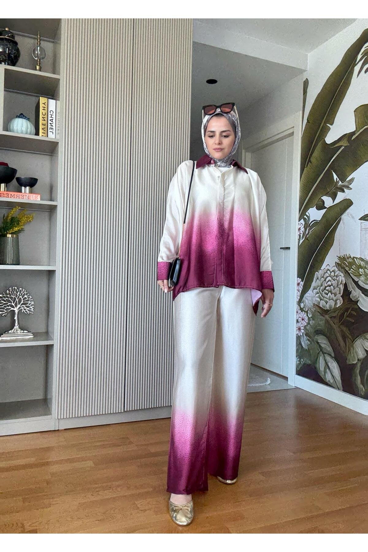 Saten Gömlek Renk Geçişli İkili Takım Pembe