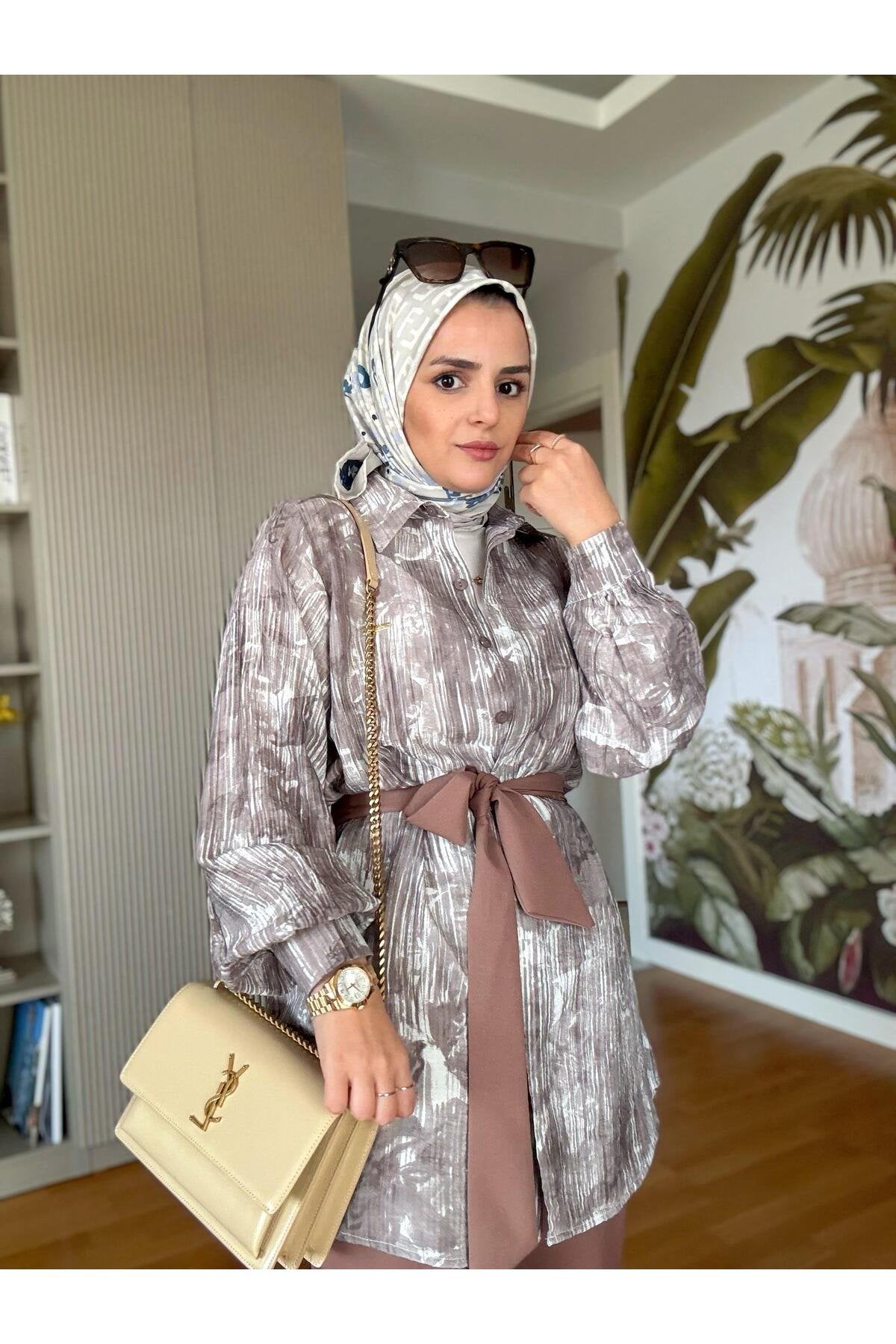 Bella Pamuklu Gömlek Desenli Krep Pantolon Takım Bej