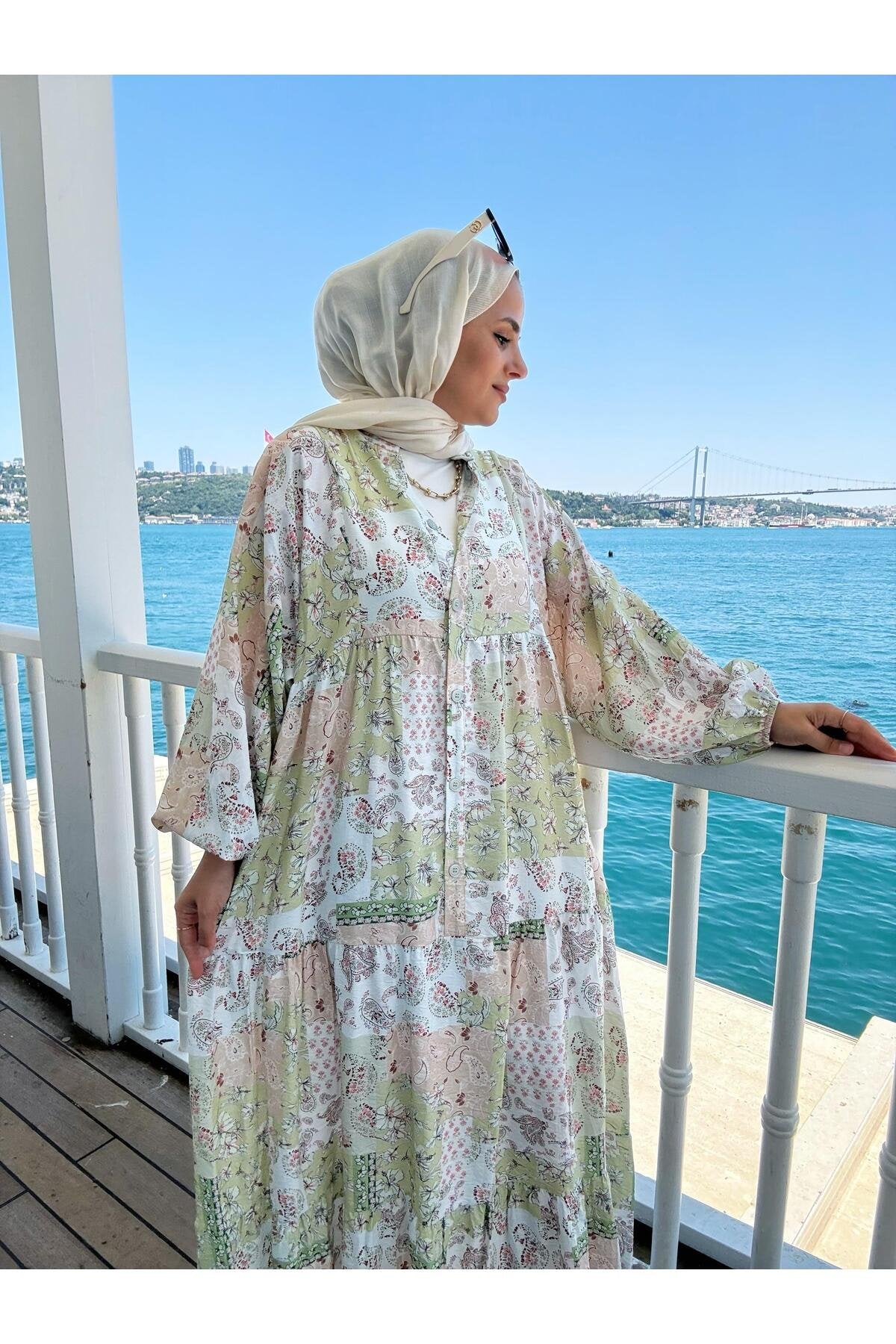 Etnik Desenli Robalı Yazlık Elbise | Düğmeli ve Rahat Kesim Bej-mavi