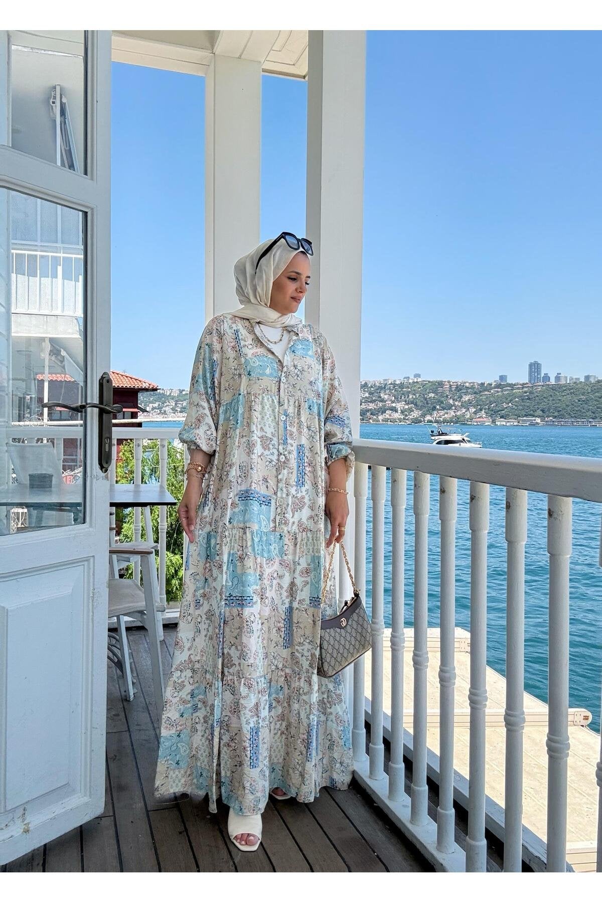 Etnik Desenli Robalı Yazlık Elbise | Düğmeli ve Rahat Kesim Bej-mavi