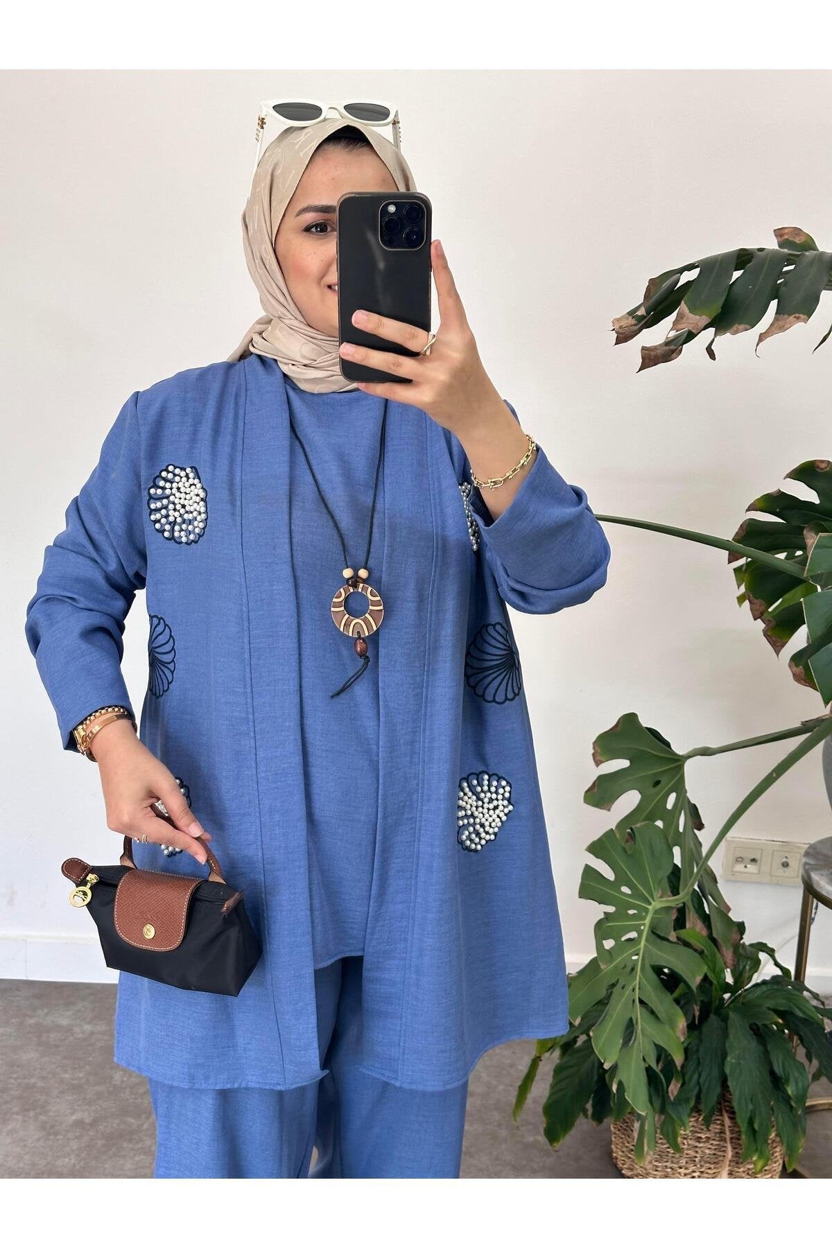 3Lü Pamuk Keten Kolyeli İncili Takım Kahve
