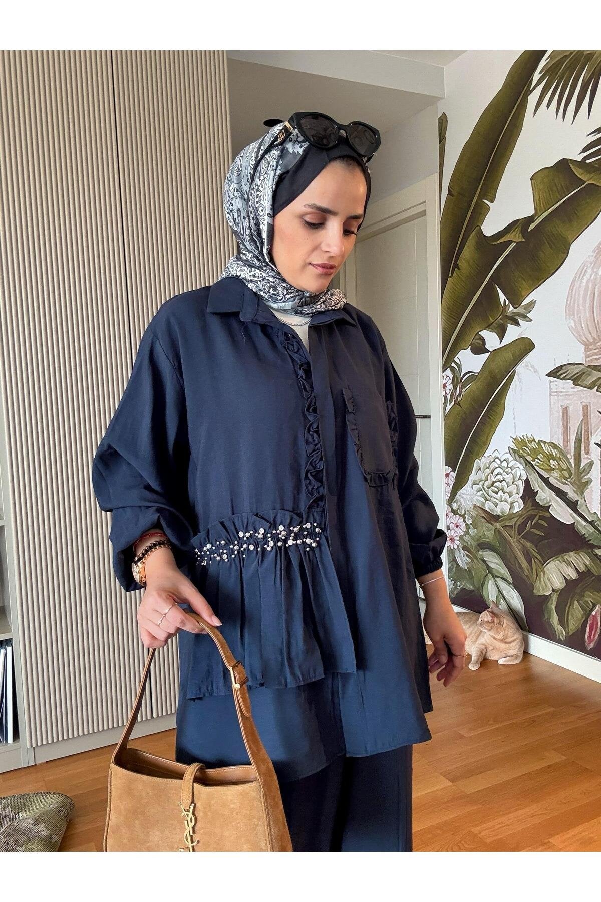 İncili Taşlı İthal Dokuma İkili Gömlek Takım Lacivert