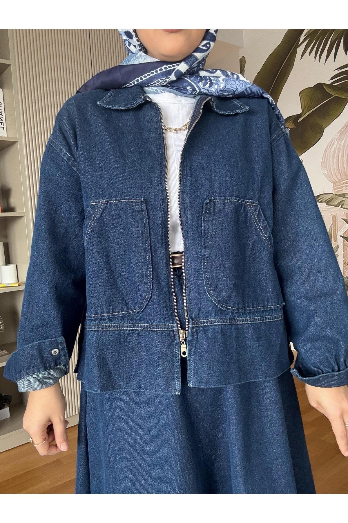 Denim Fermuarlı Çan Etek Takım Lacivert