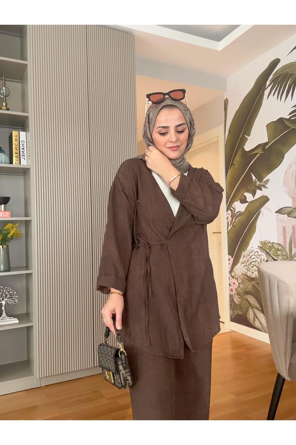 Kimona Pamuklu Bağlamalı Tunik Takım Bej