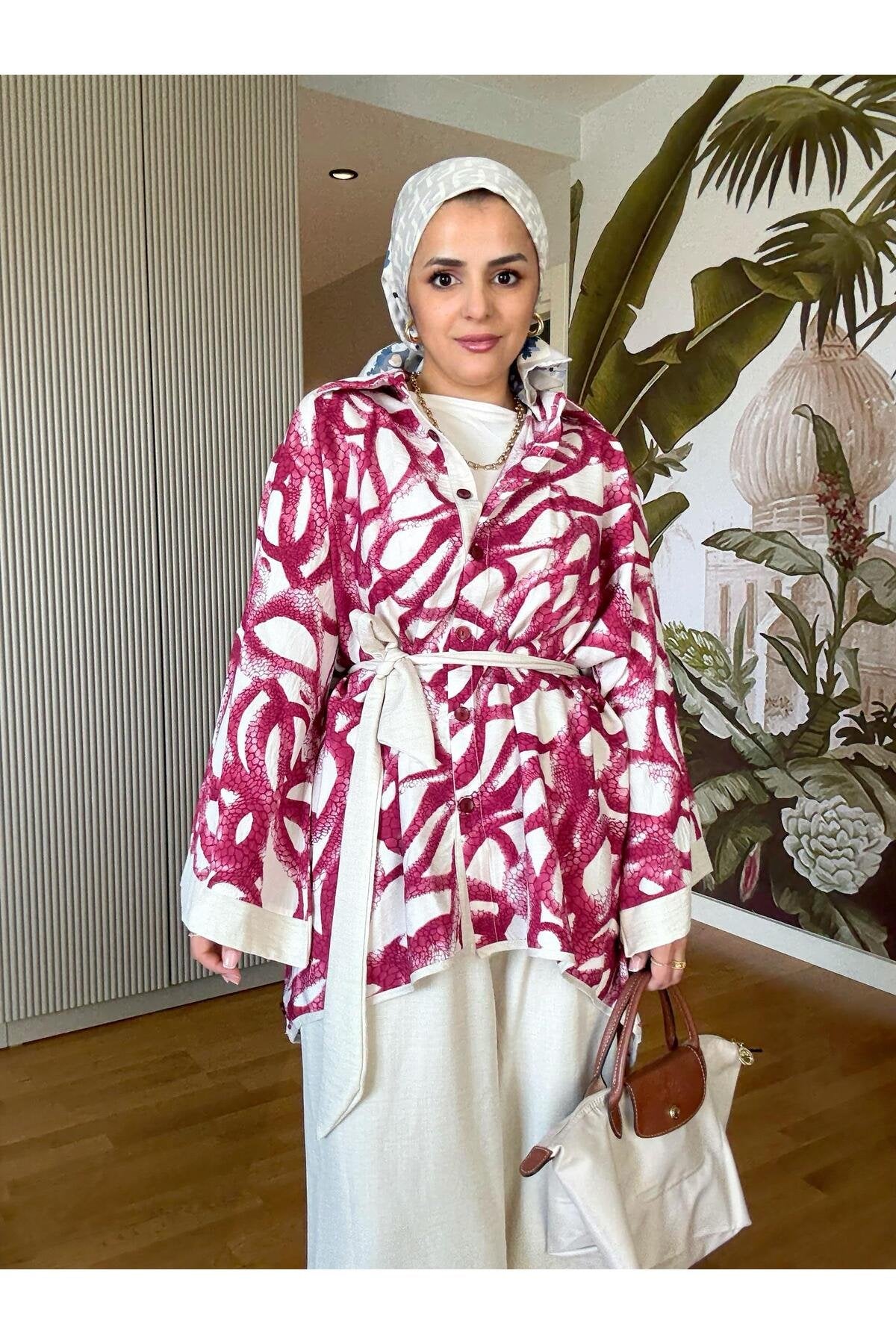 Yılan Desenli Pamuk Keten Kimono Takım | Yazlık Rahat Tesettür İkili Takım Siyah